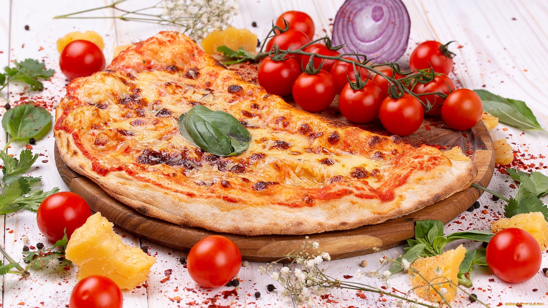 Food Pizza Tomatoes Vegetables Cheese 1920x1080