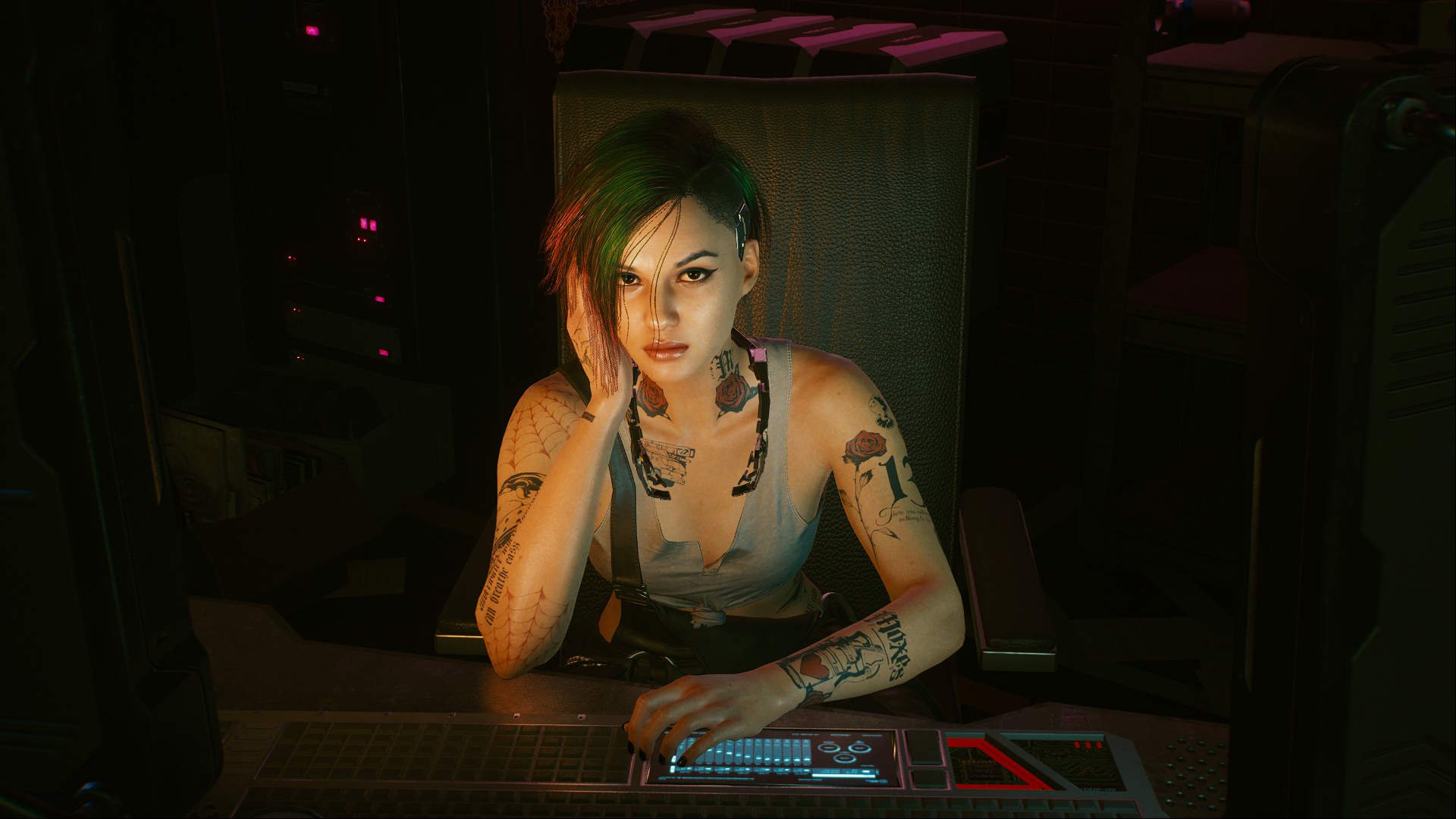 Judy Alvarez Keyboards Tattoo Cyberpunk 2077 Looking At Viewer CD Projekt RED Video Game Girls Green 1920x1080
