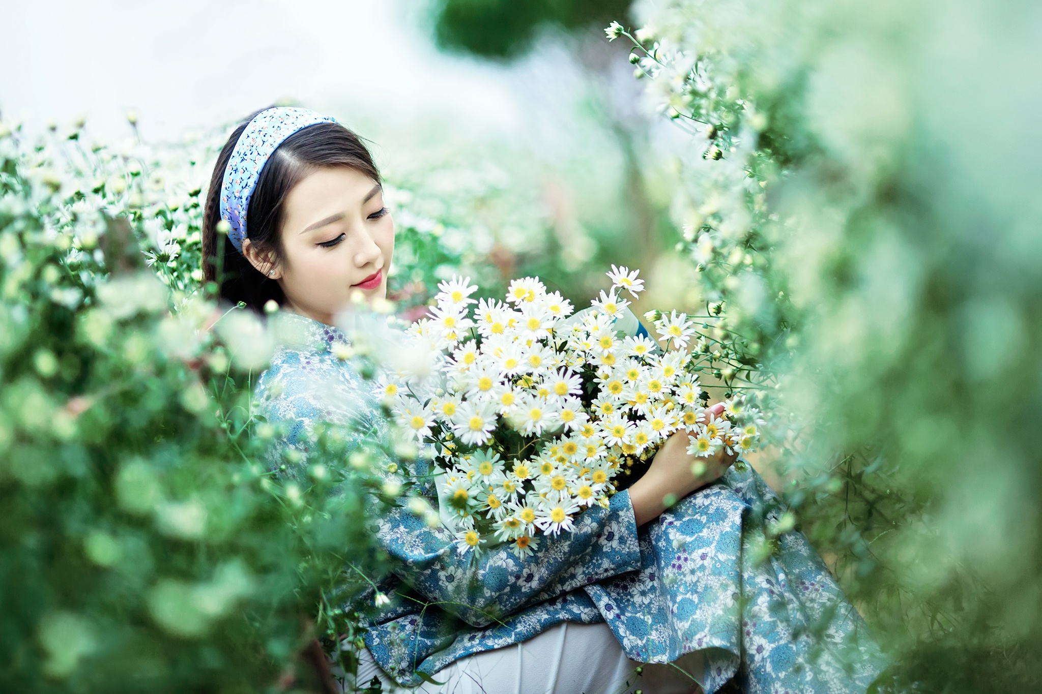 Asian Brunette Daisy Depth Of Field Girl Headband Model White Flower Woman 2048x1365