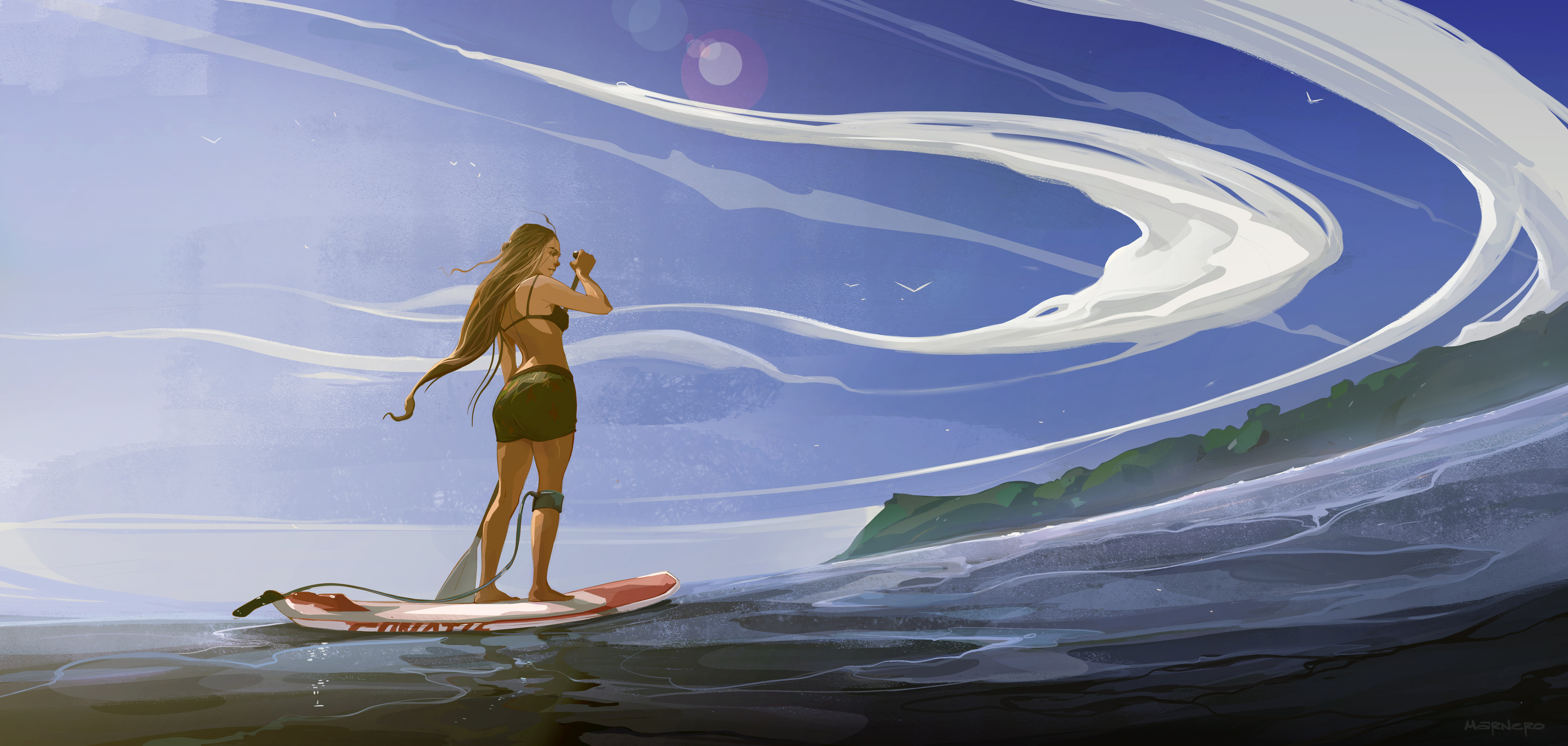 Artwork Women Sea Sky Standing ArtStation Surfboards Long Hair 3840x1828