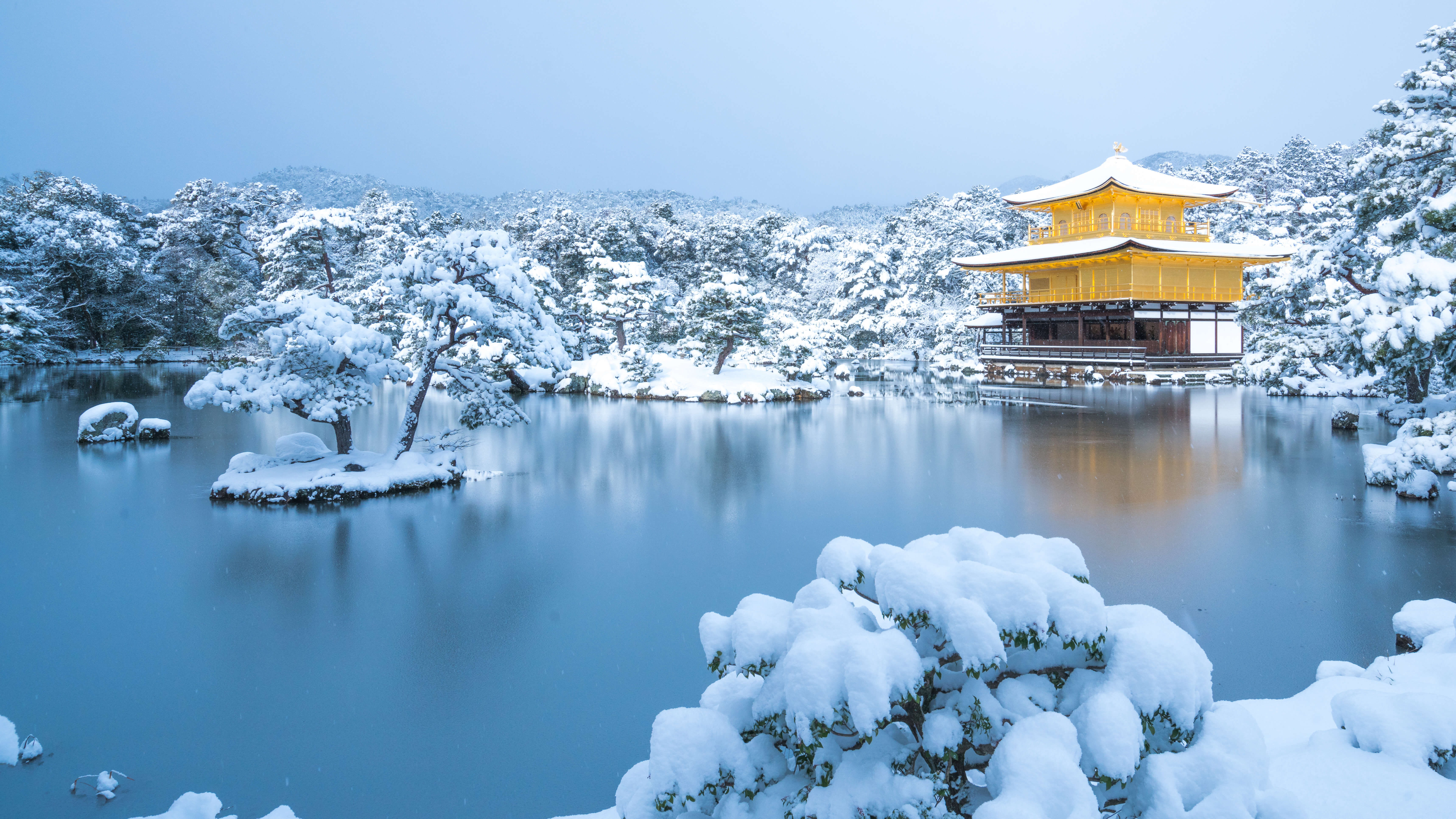 Japan Kyoto Kinkaku Ji Winter Nature Lake Snow 6865x3861