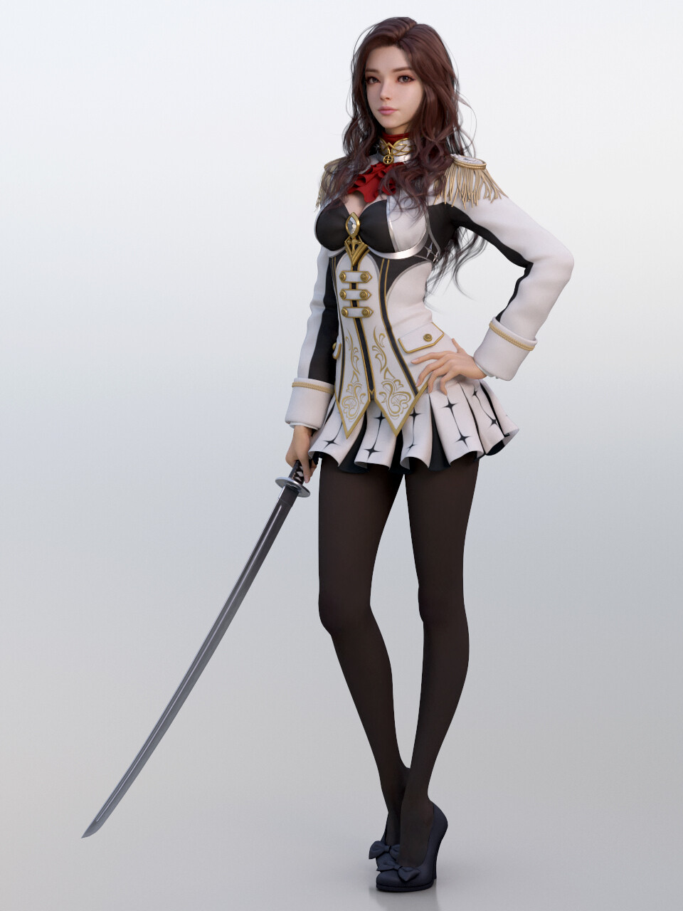 Shin JeongHo CGi Women Brunette Long Hair Wavy Hair Hands On Hips Weapon Sword Simple Background 960x1280