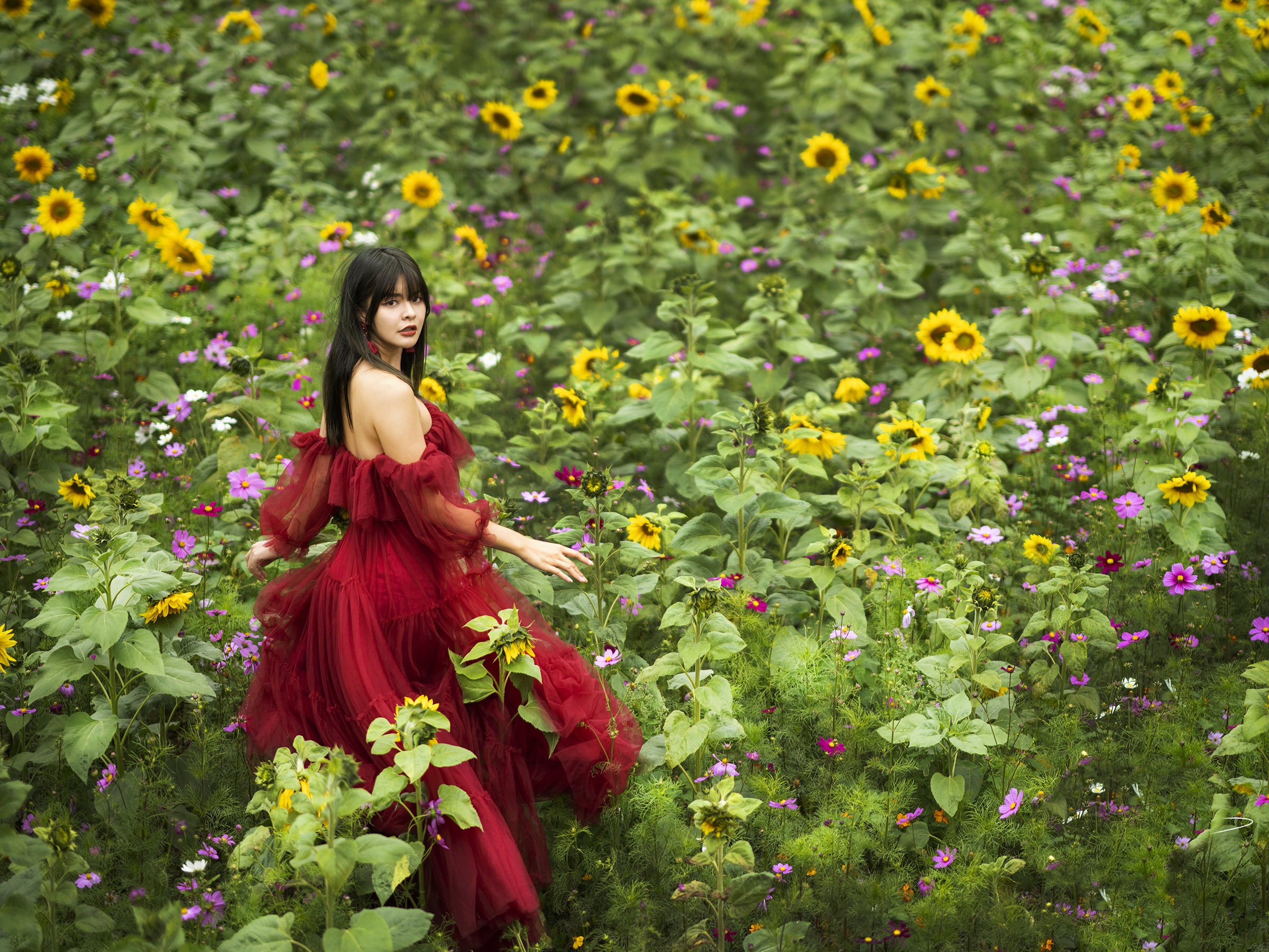 Asian Model Colorful Flowers Plants Dark Hair Outdoors Women Outdoors Dress Red Dress 2400x1800