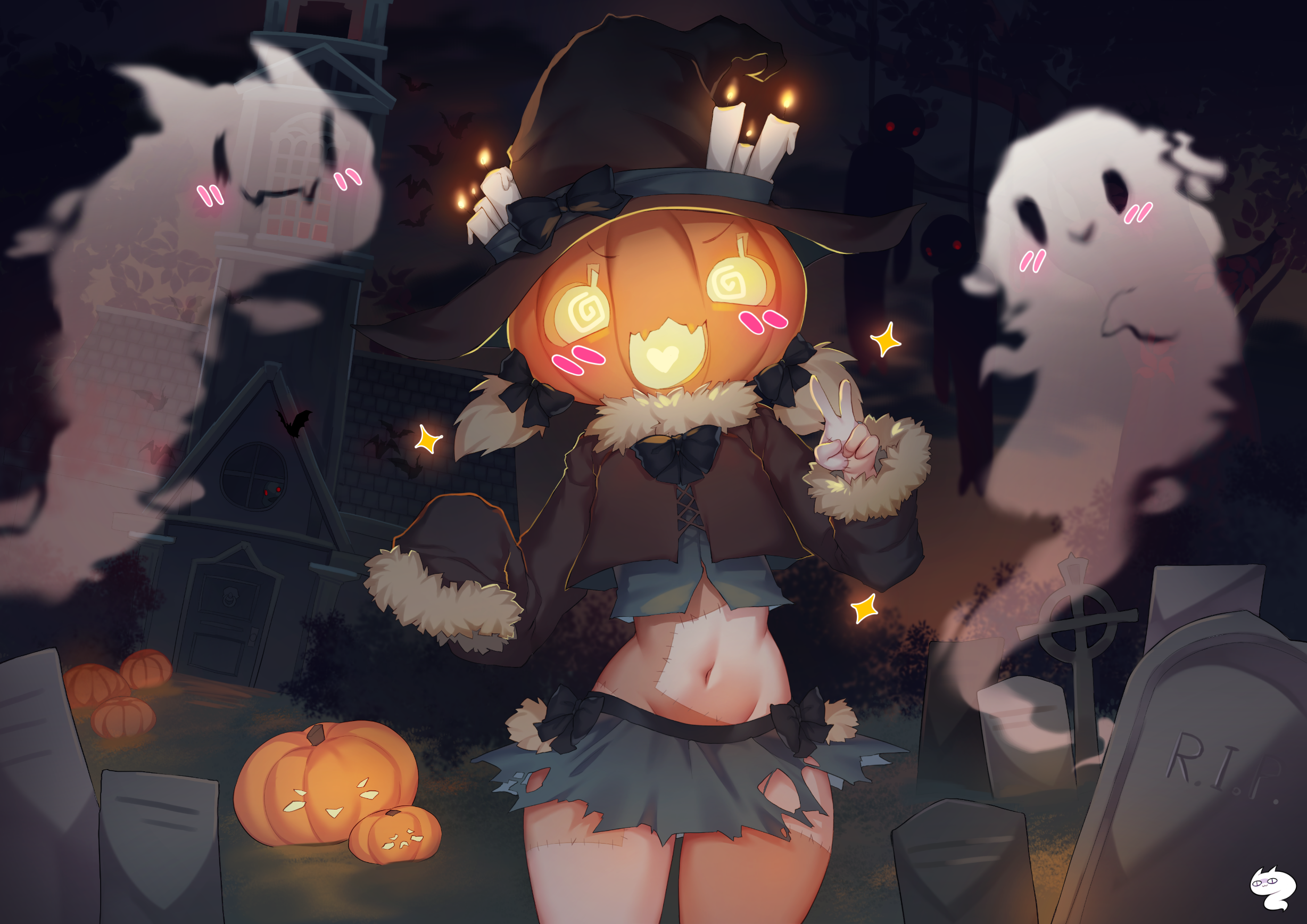 Halloween Pumpkin Witch Hat Ghosts Thigh Highs Torn Clothes Bats Peace Sign Spark Graveyards Grave P 2456x1736