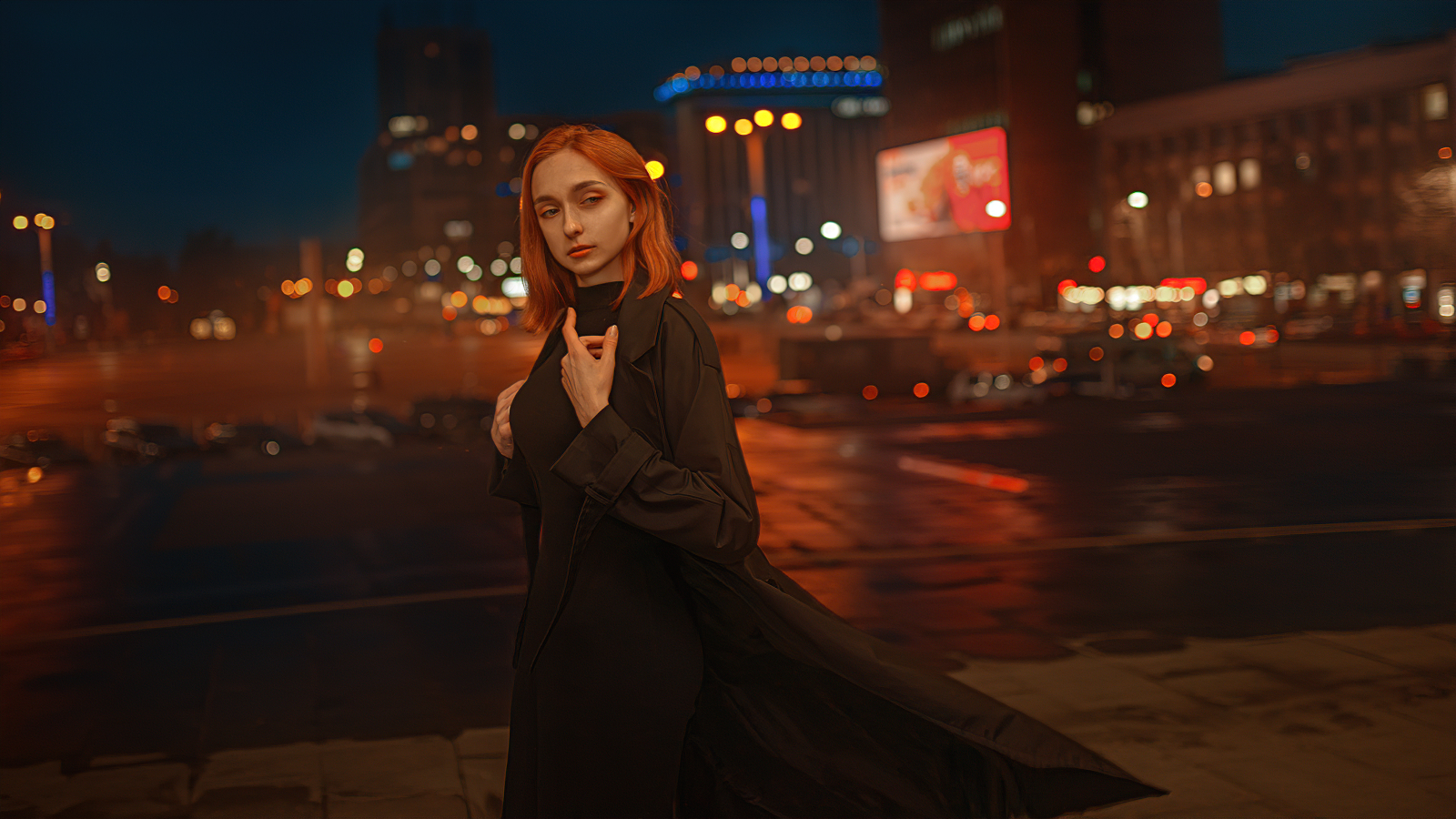 Street Depth Of Field Lights Urban City Road Women Women Outdoors Redhead Model Coats Night Russian  1600x900