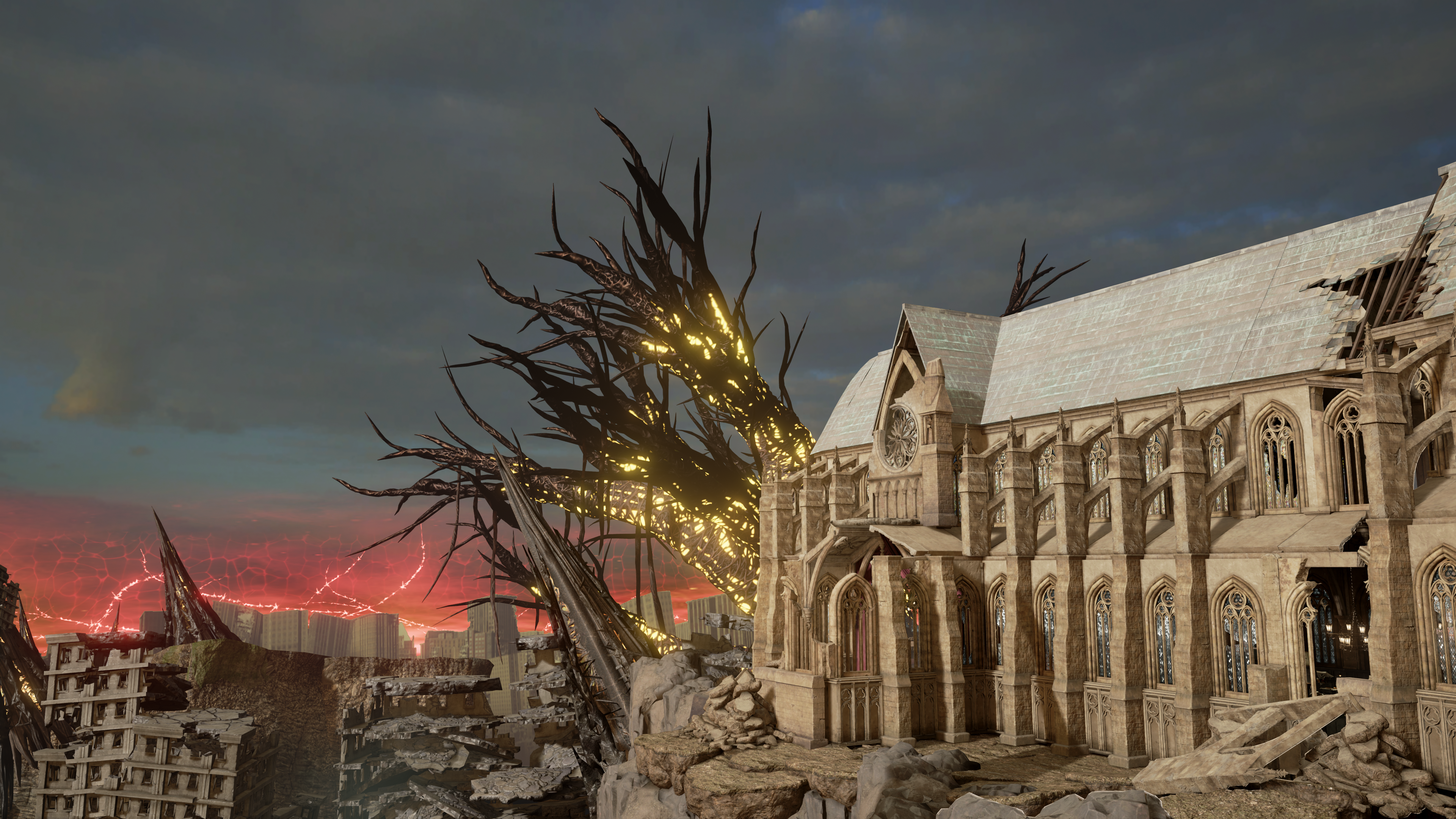 Code Vein Ruins Gothic Architecture Castle Sky Rocks Tree Stump Custom Yellow Vampire Anime 3840x2160