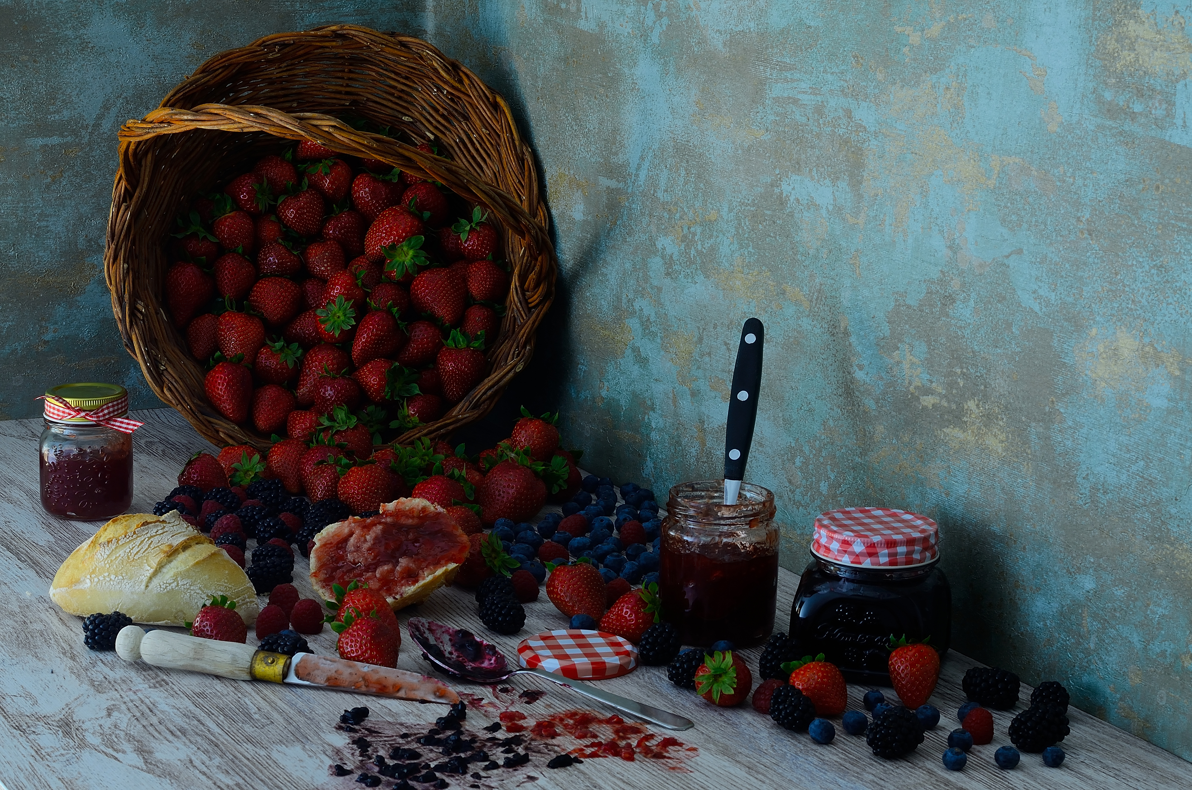 Basket Berry Blackberry Blueberry Bread Fruit Jam Jar Still Life Strawberry 4000x2650