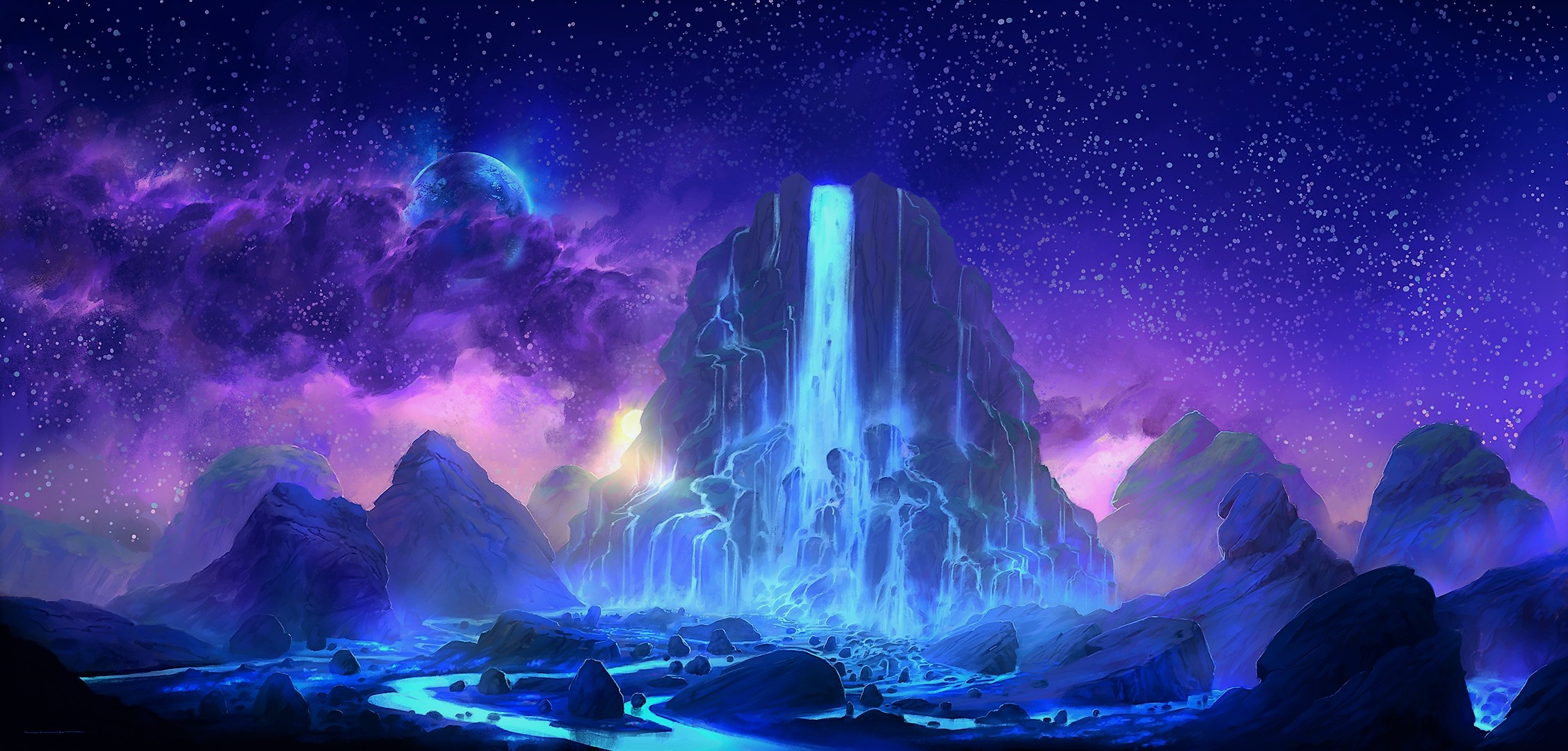 Cloud Mountain Purple Sky Stars Waterfall 2255x1080