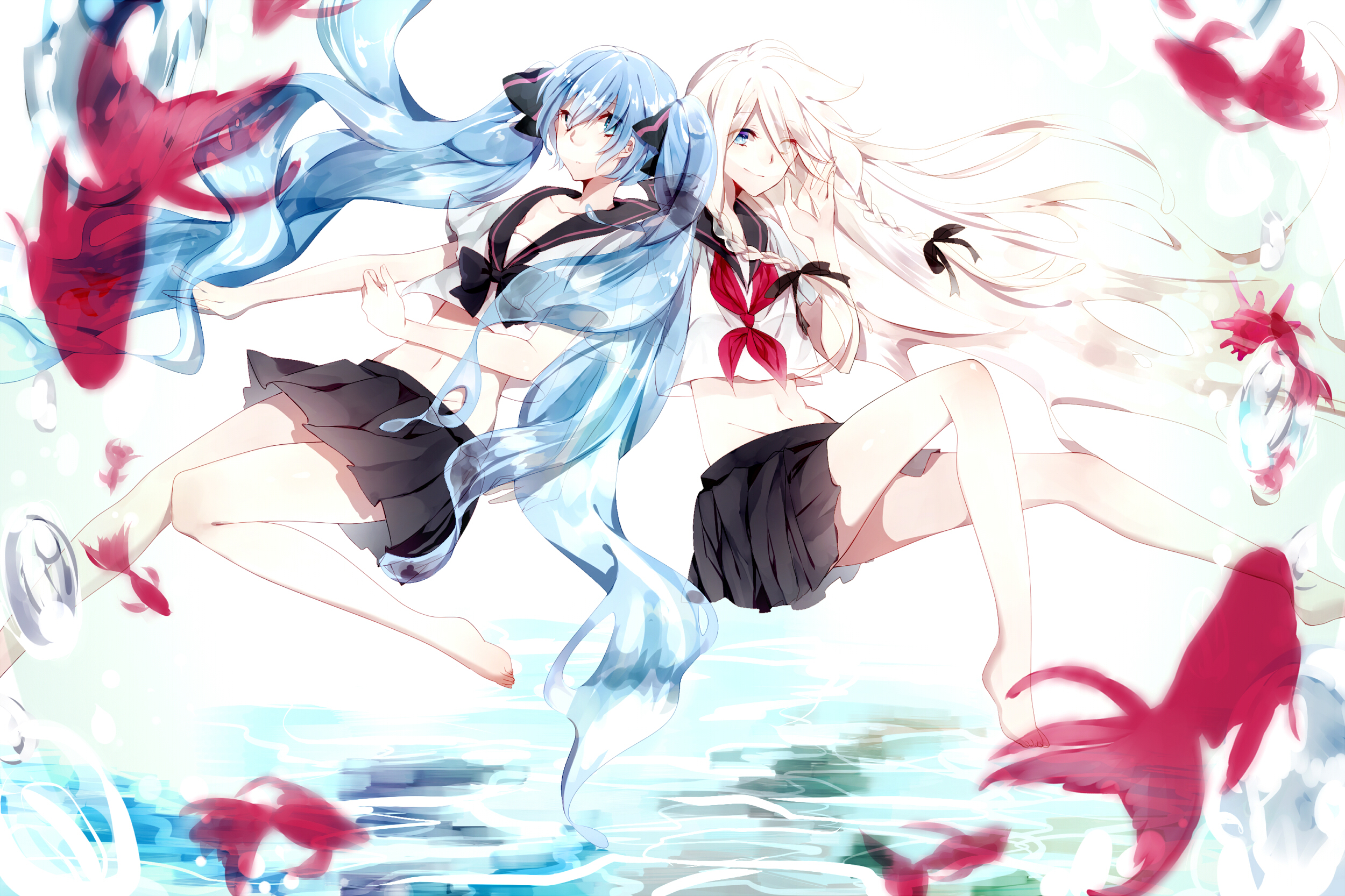 Blue Eyes Blue Hair Braid Fish Girl Hatsune Miku Ia Vocaloid Long Hair Ribbon Skirt Smile Twintails  2500x1666