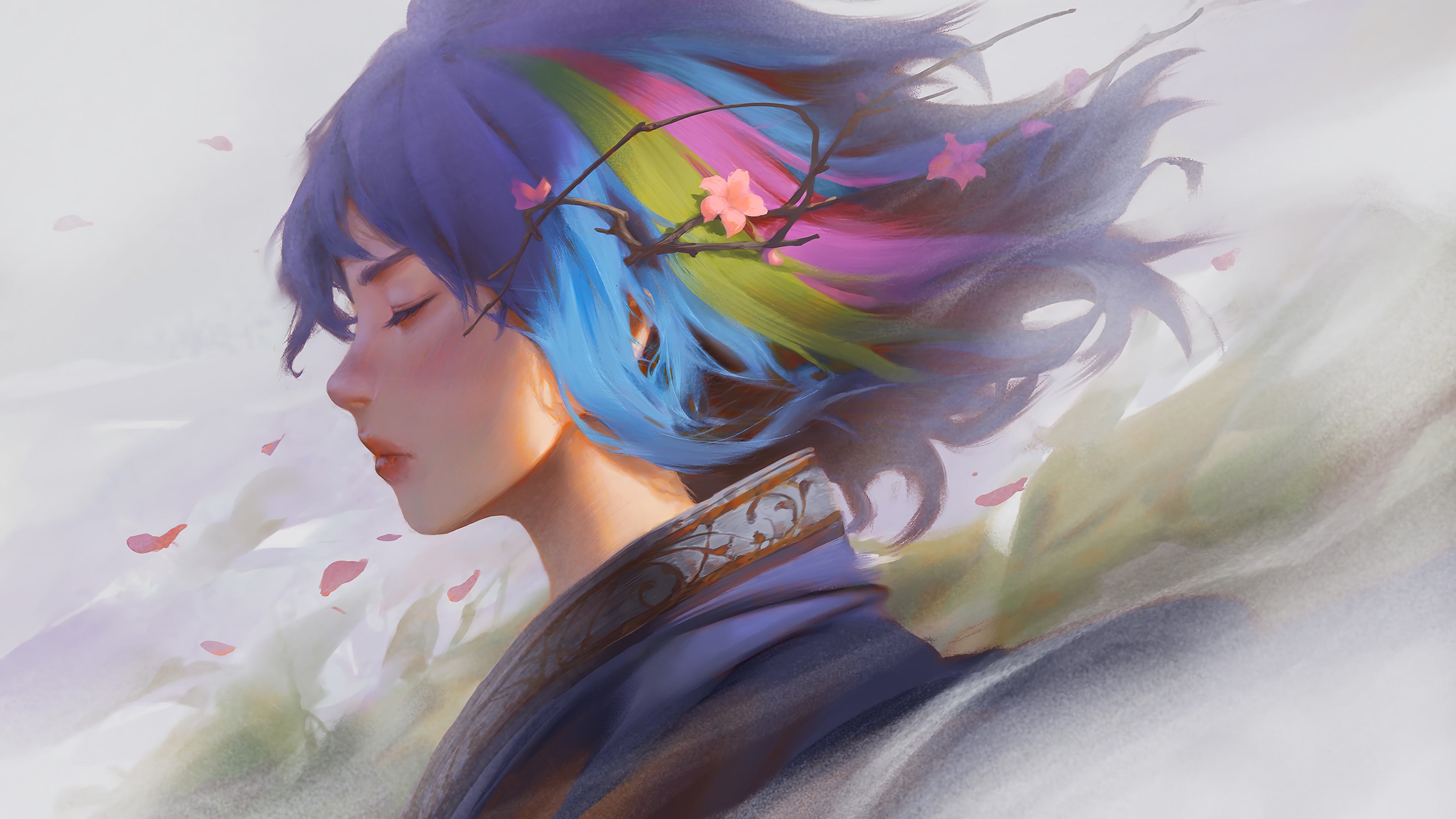 Fantasy Girl Closed Eyes Blue Hair Kimono Women Flowers Flower In Hair Artwork Fantasy Art Digital A 3840x2160