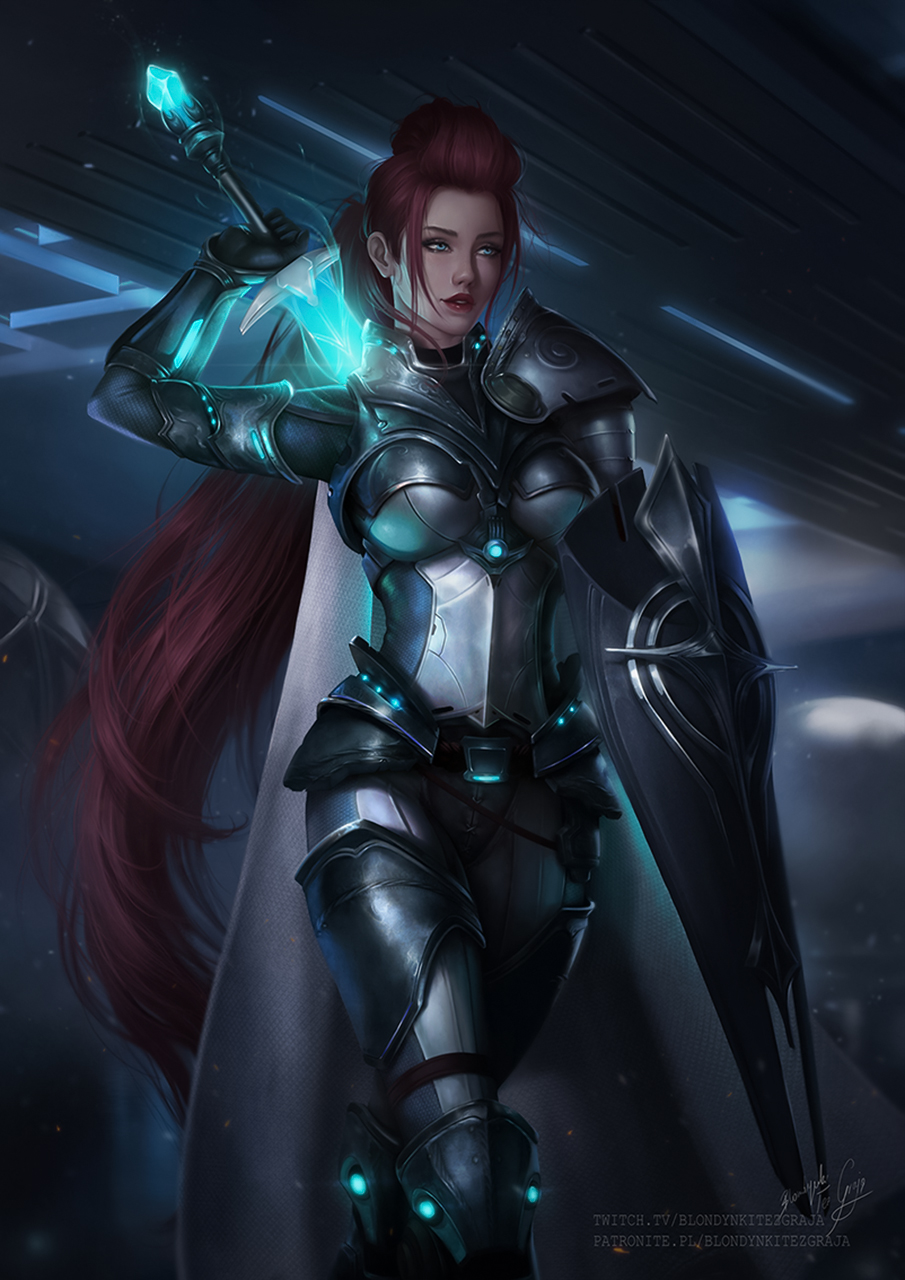 Blondynki Te Graj Drawing Women Paladin Redhead Weapon Sword Shield Glowing Looking Away Armor