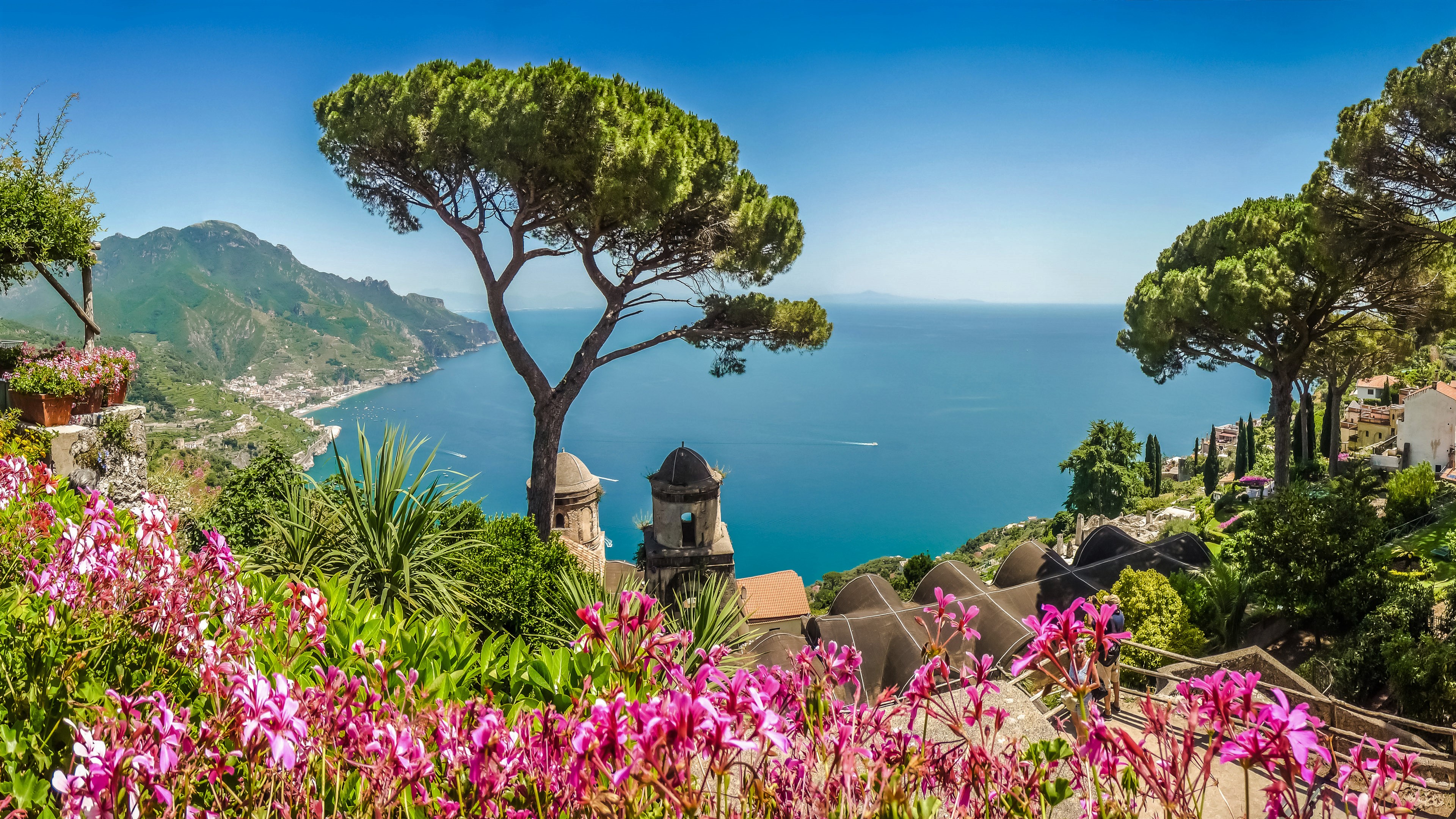 Amalfi Coastline Flower Horizon Italy Ocean Sea Tree 3840x2160