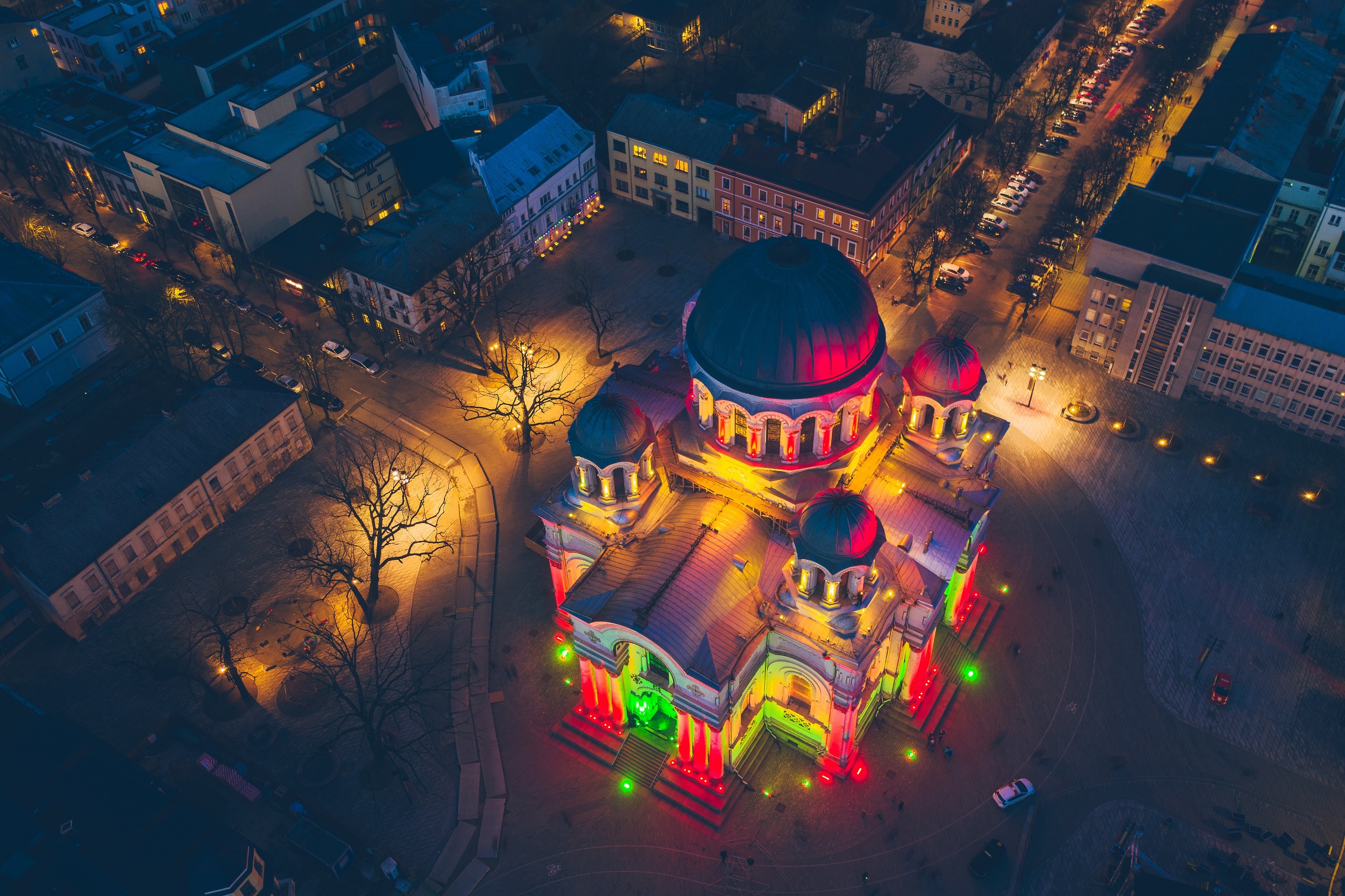 Dark Night Lights Building Aerial View Kaunas Lithuania Church 2560x1706
