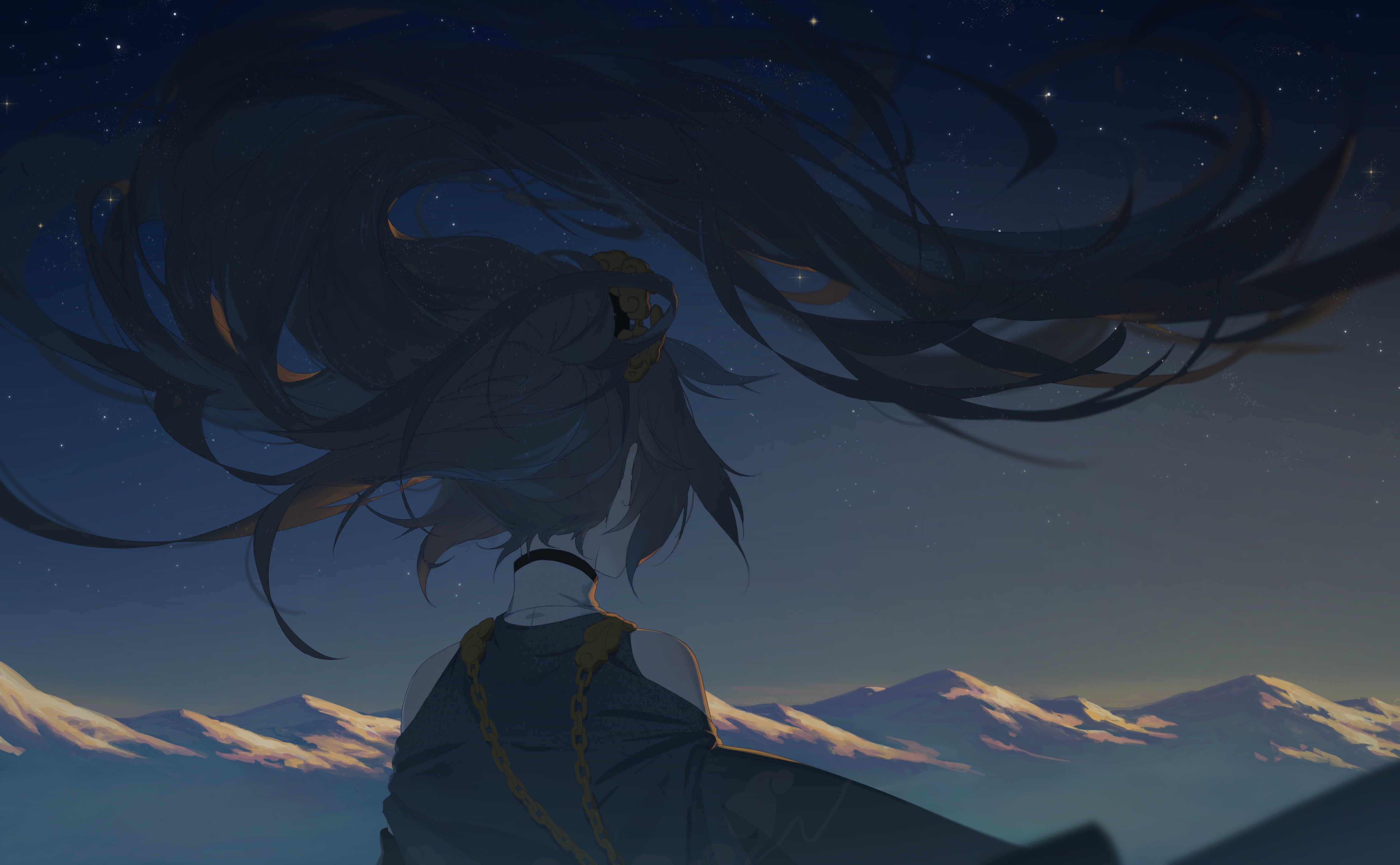 Anime Anime Girls Honkai Impact Long Hair Mountains Stars Sunset Chains Fu Hua 4500x2781