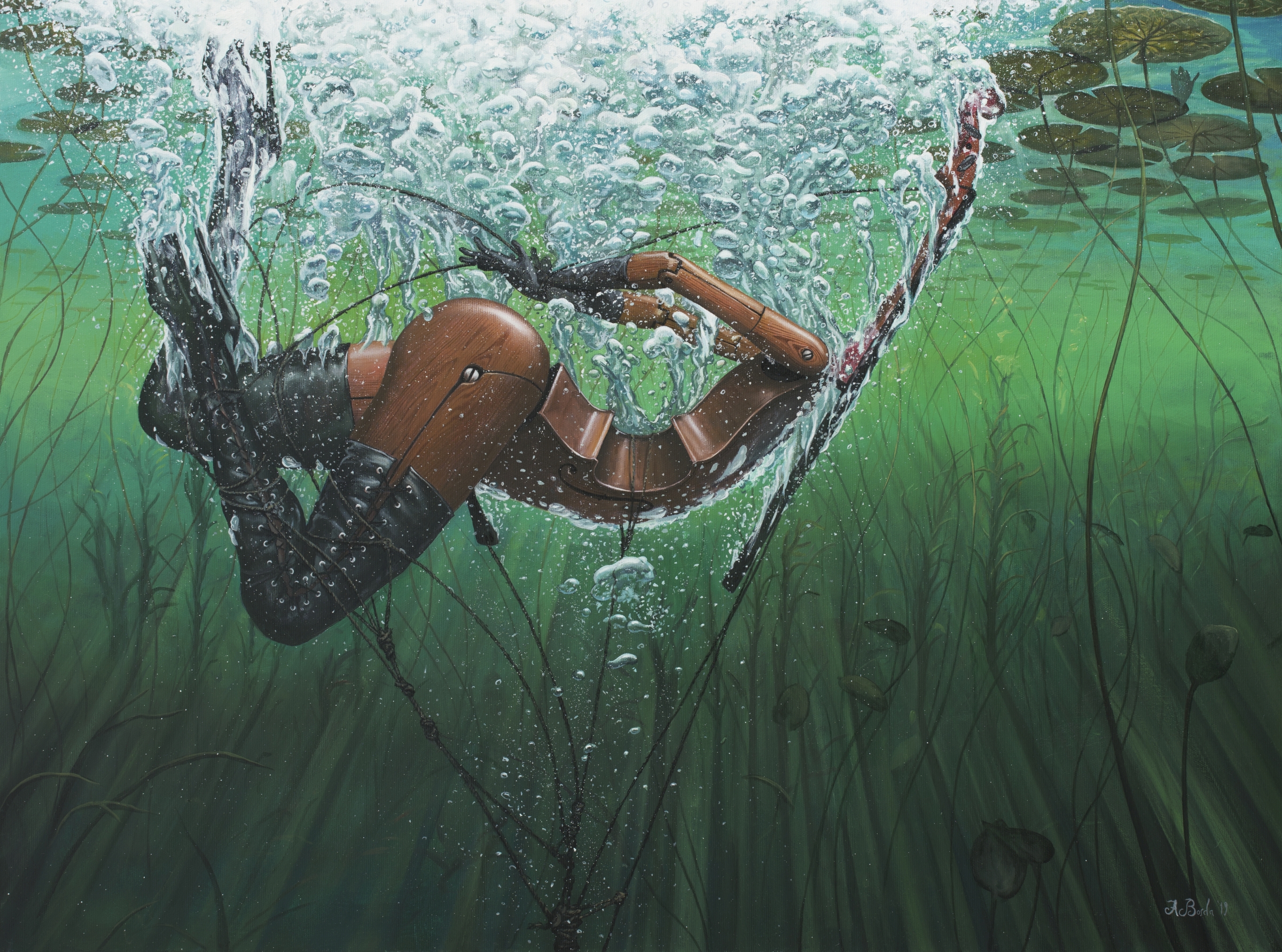 Artwork Painting Adrian Borda Surreal Underwater Torso Musical Instrument Bubbles Plants Elbow Glove 2400x1783
