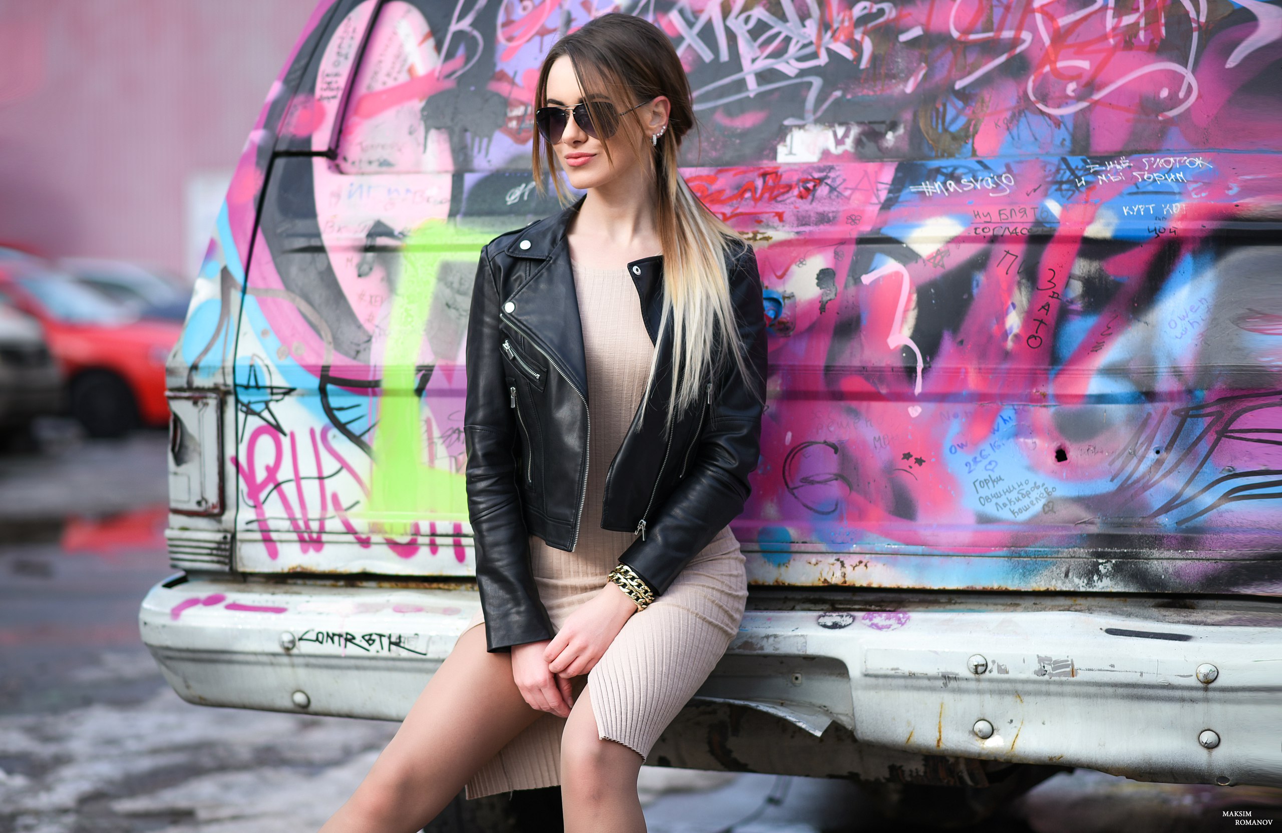 Women Model Ponytail Sunglasses Black Jackets Leather Jackets Dress Sitting Women With Cars Graffiti 2560x1663