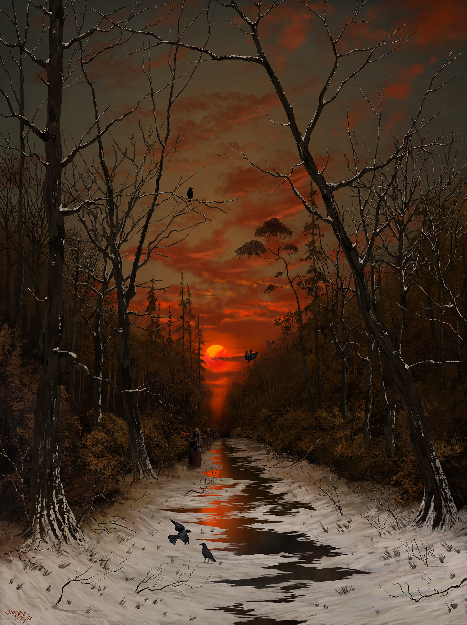 Portrait Display Sunset Digital Art Digital Painting Tree Bark Red Sky Fan Art Artwork Giorgos Tsoli 1795x2400