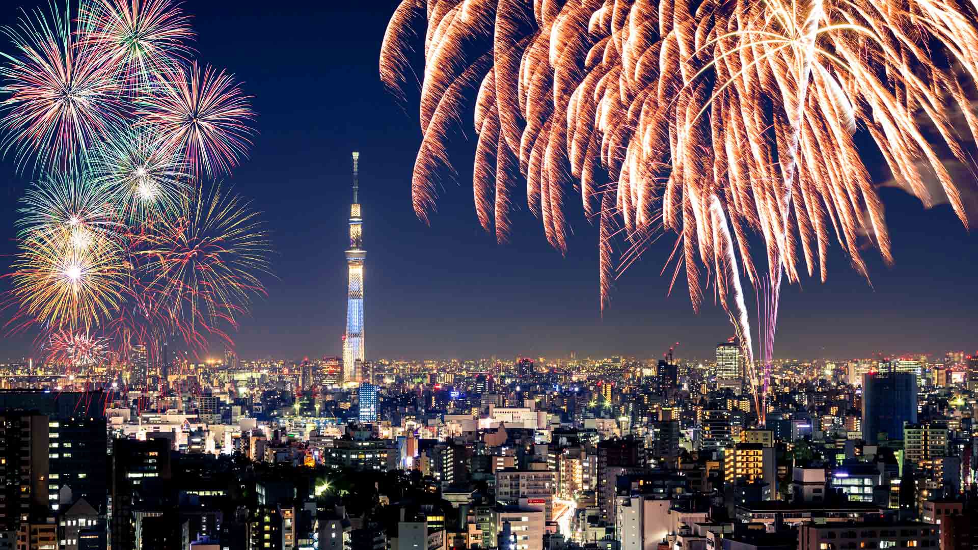 Building City Cityscape Fireworks Horizon Japan Night Skyscraper Tokyo Tokyo Skytree 1920x1080