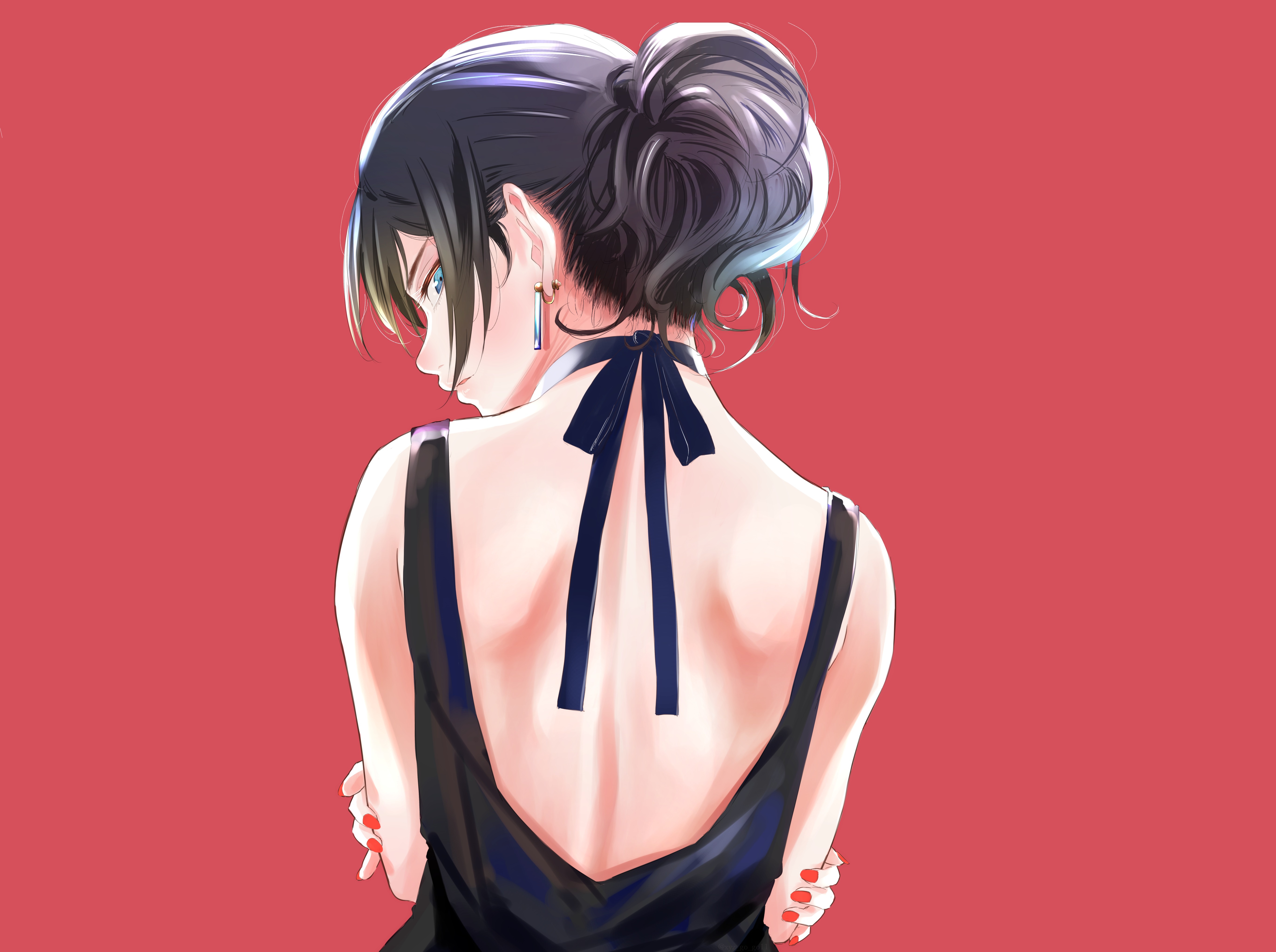 Anime Anime Girls Back Standing Dark Hair Simple Background Red Background 5480x4088