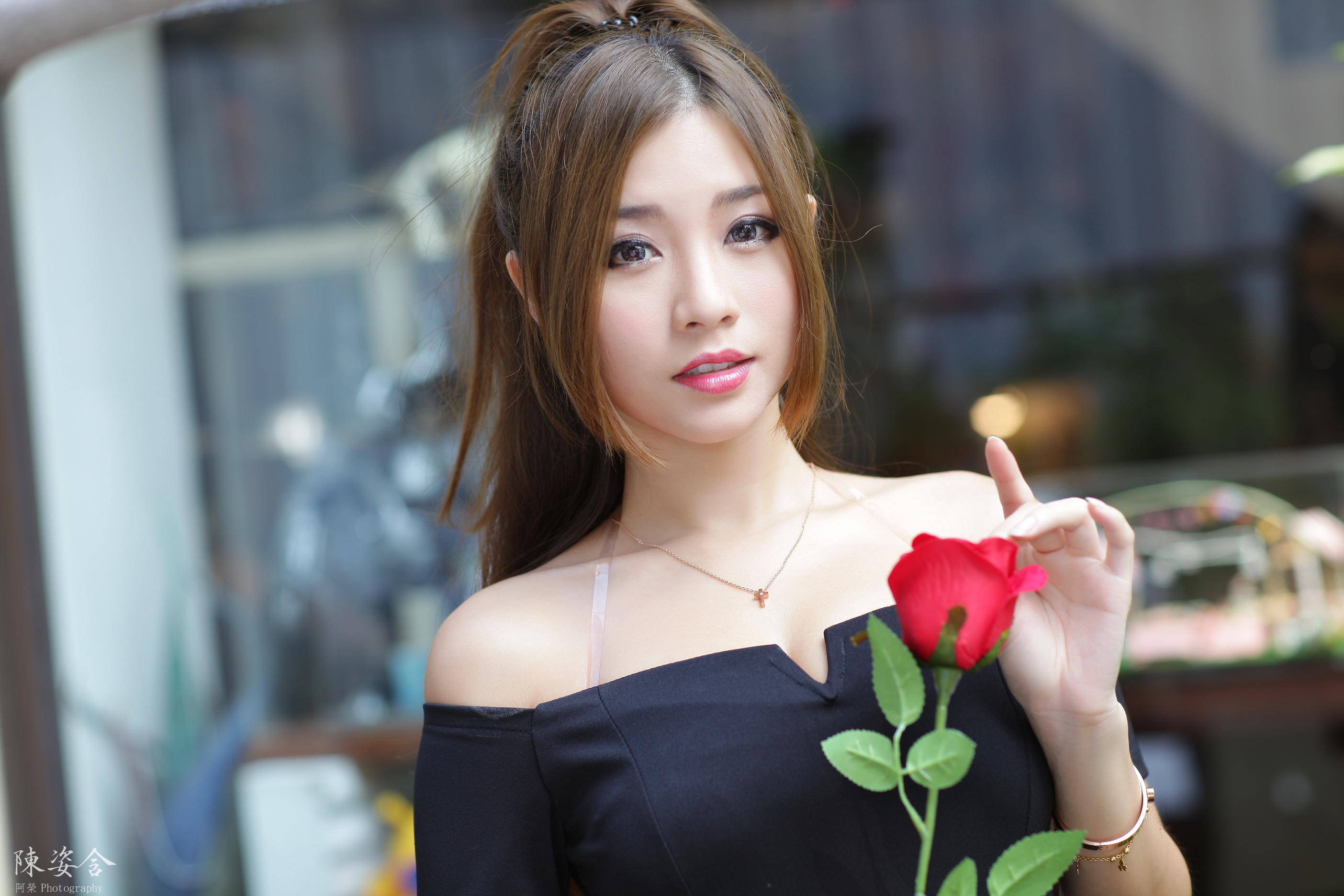 Asian Model Women Long Hair Brunette Depth Of Field Ponytail Rose Necklace Bare Shoulders Black Top 2808x1872