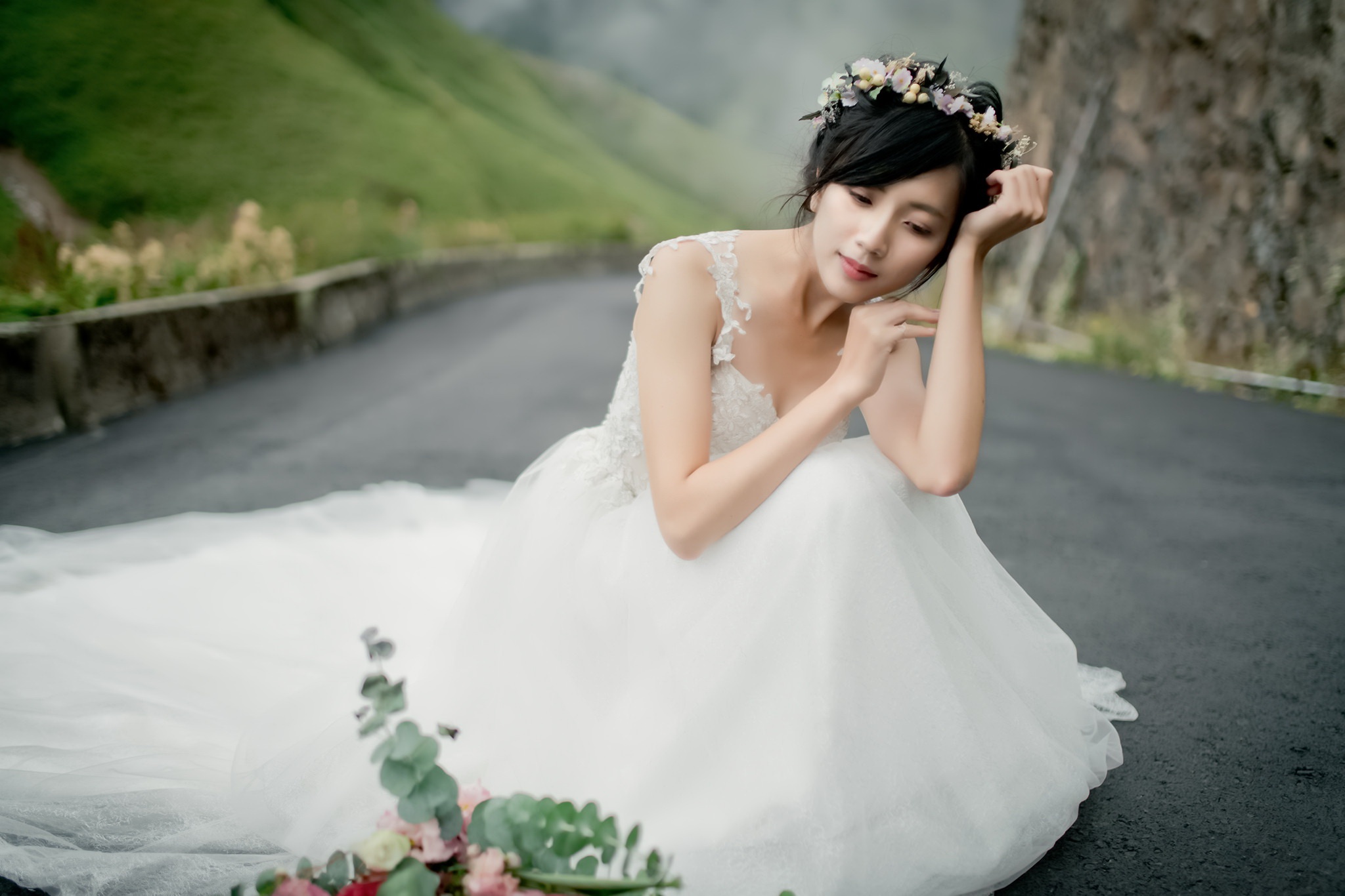 Bride Brunette Depth Of Field Girl Model Short Hair Wedding Dress White Dress Woman Wreath 2048x1366