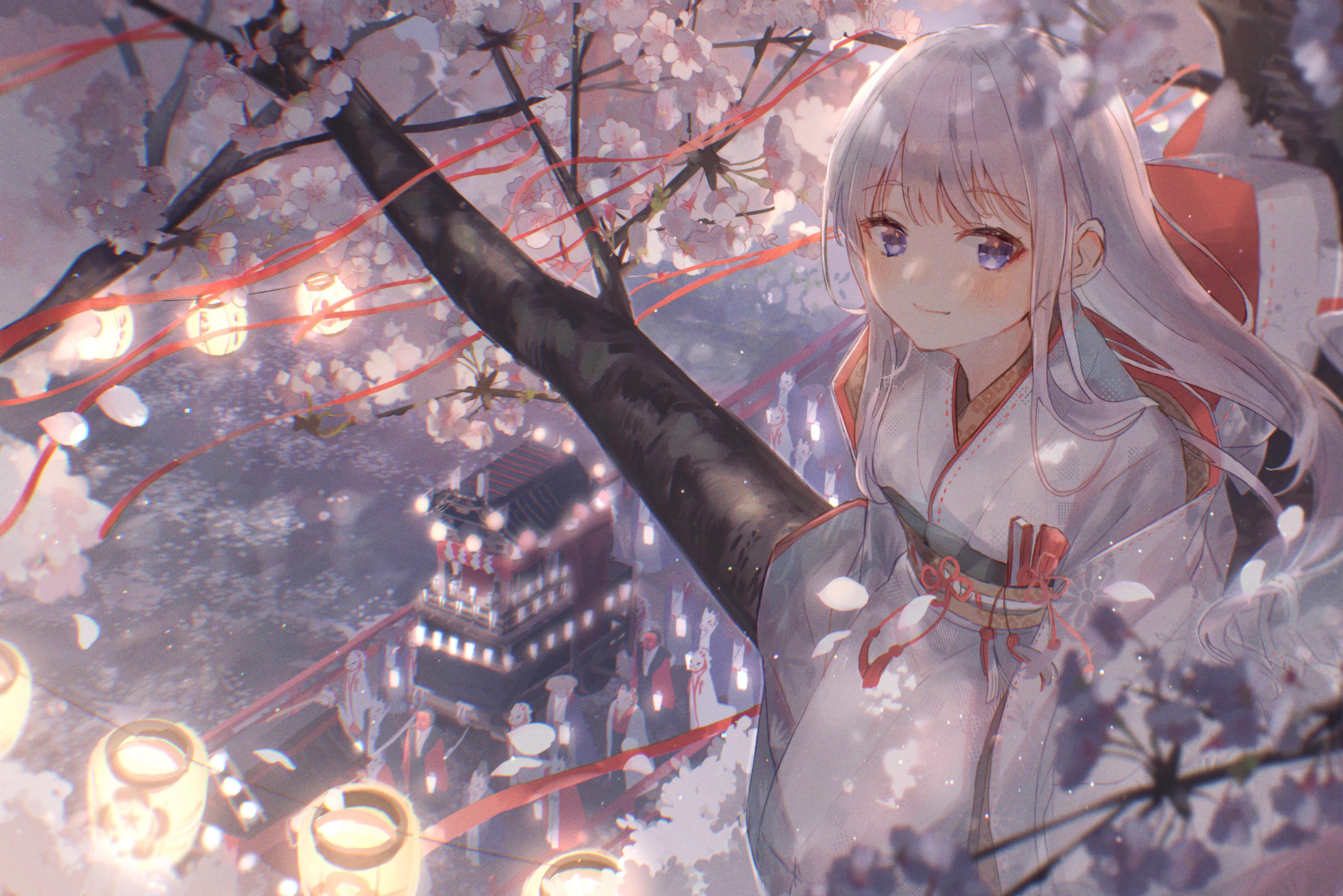 Anime Anime Girls Oyuyu Cherry Blossom Japanese Clothes Kimono Silver Hair Blue Eyes 4096x2734
