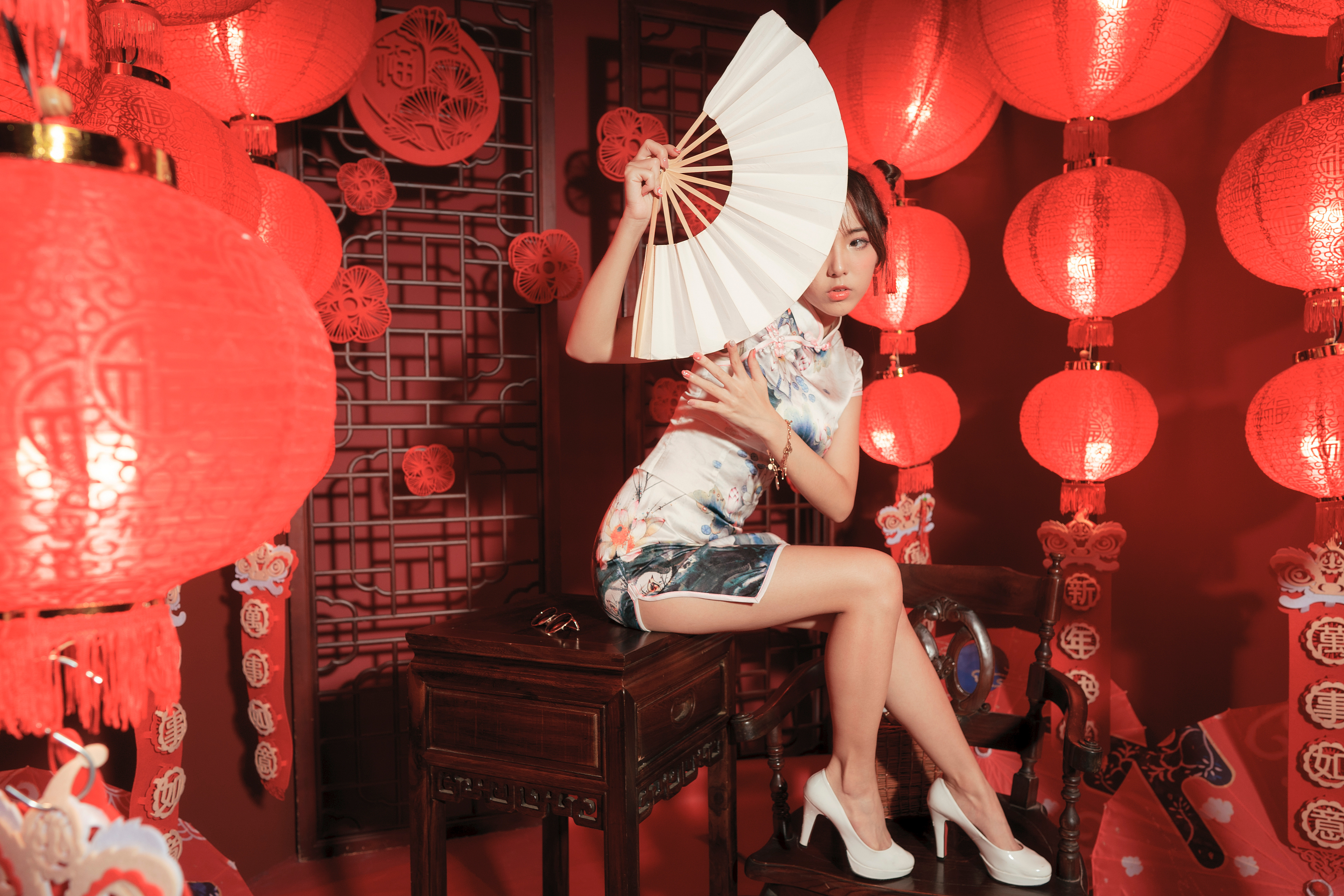 Asian Model Women Long Hair Brunette Traditional Clothing Hair Ornament White High Heels Sitting Cha 3840x2560
