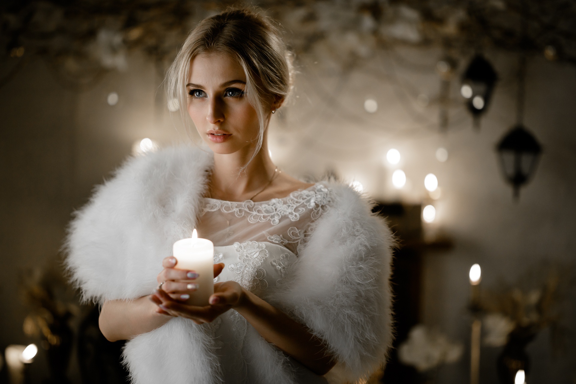 Women Model Blonde Candles Women Indoors Indoors Crucifix Necklace 1920x1280