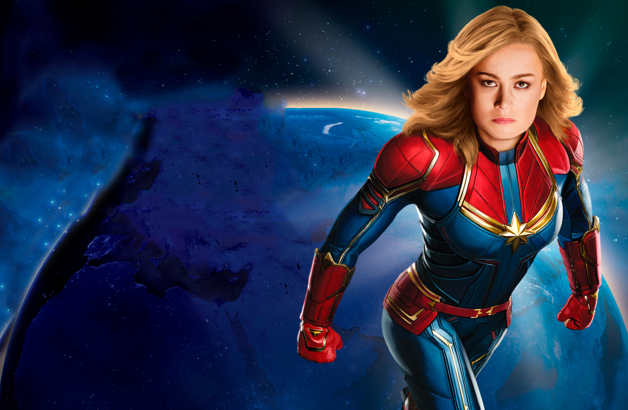 Blonde Brie Larson Captain Marvel Marvel Comics 2048x1337