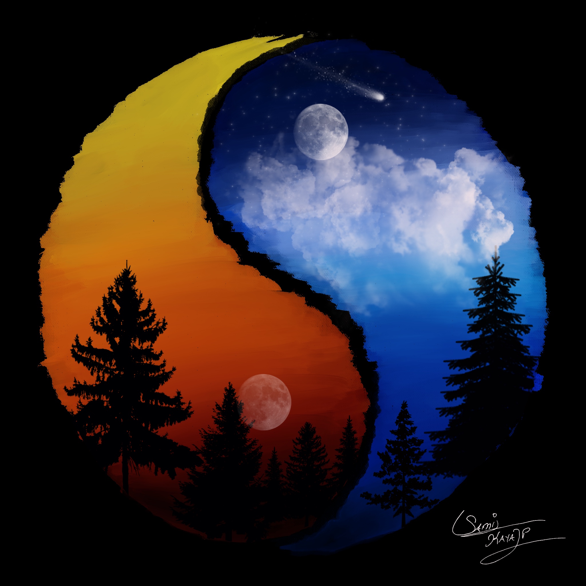 Moon Night Sunset Black Background Yin And Yang 2048x2048
