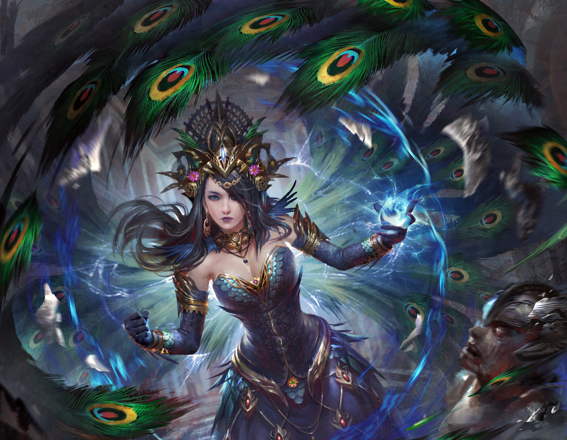 Black Hair Blue Eyes Feather Girl Headdress Legend Of The Cryptids Sorceress Woman 1920x1490