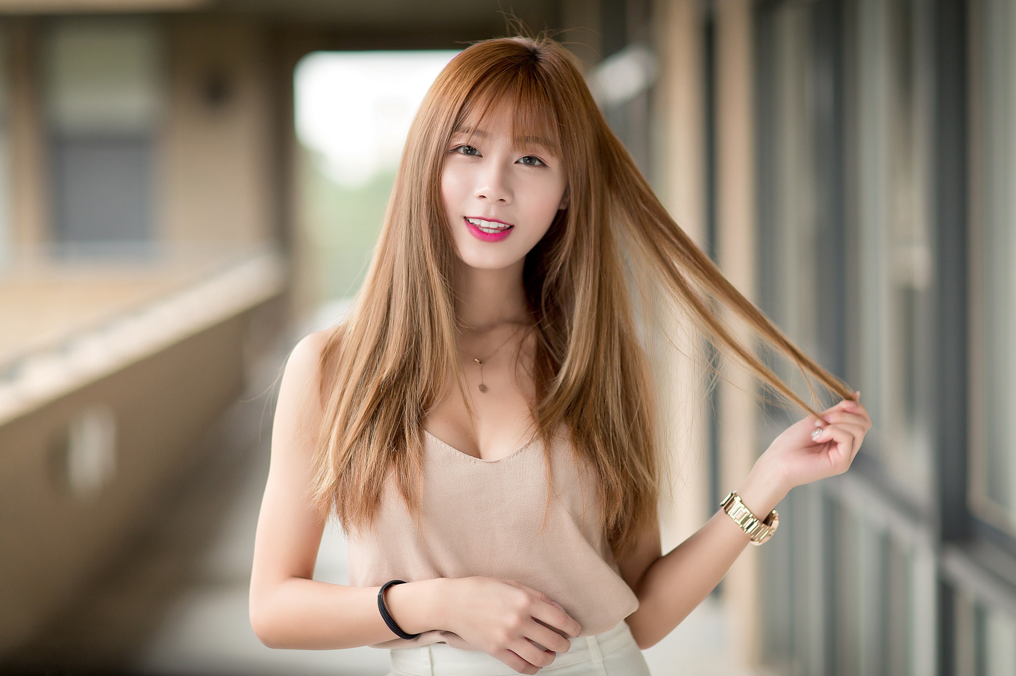 Asian Brunette Depth Of Field Girl Lipstick Long Hair Model Smile Woman 2048x1364