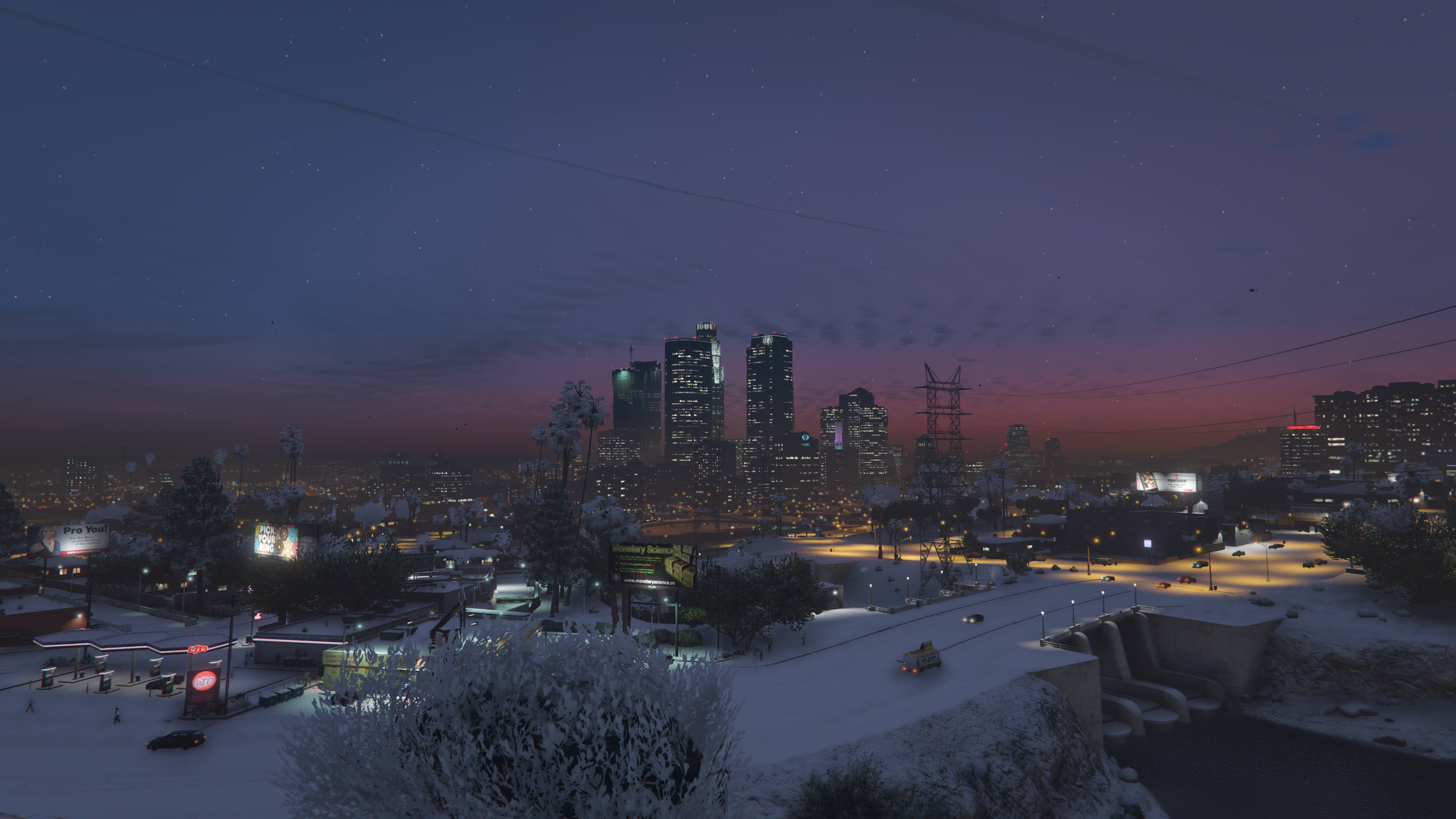 Grand Theft Auto V Los Angeles Snow Water City Car Sunset Screen Shot 3840x2160