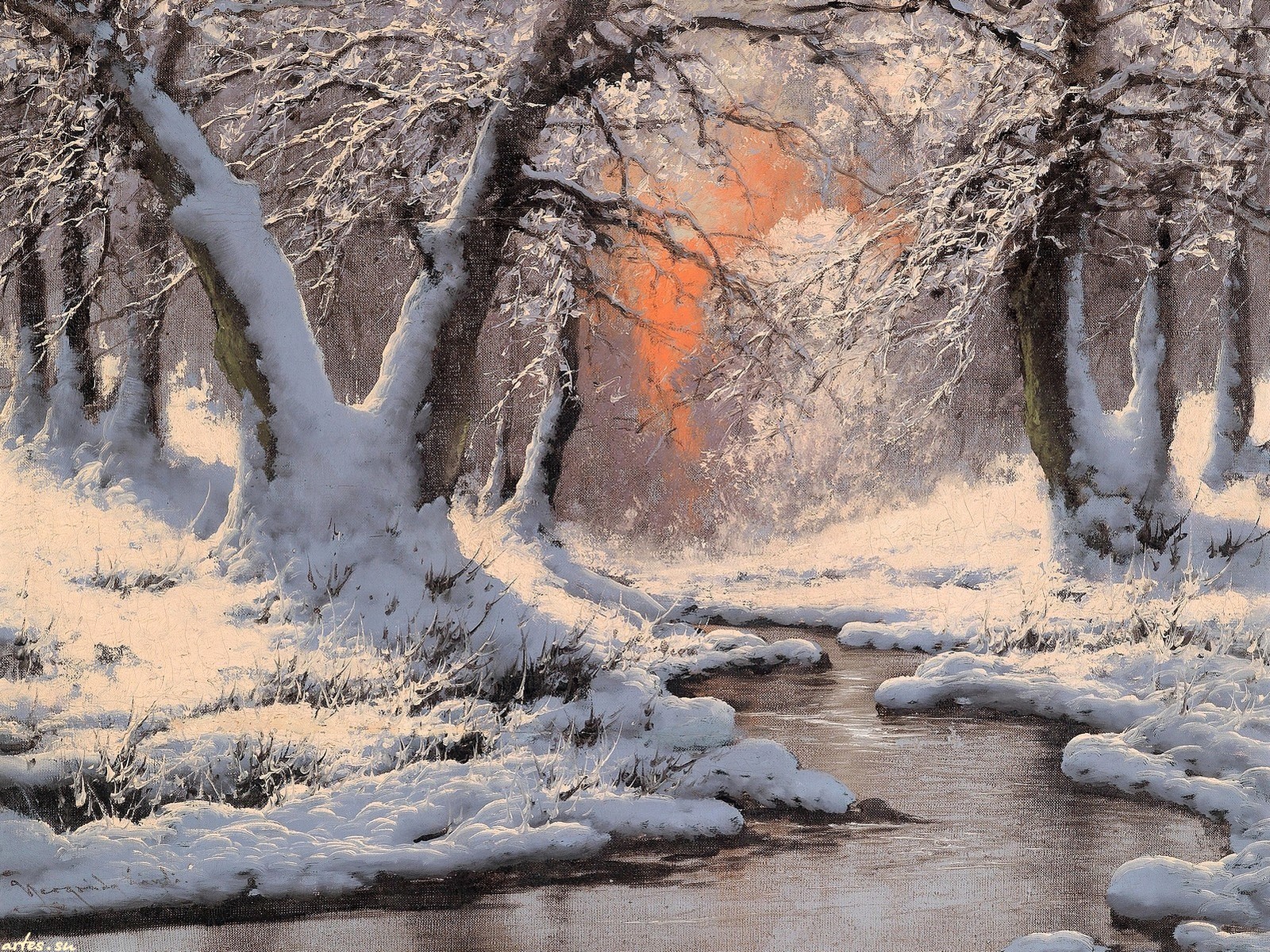 Artistic Forest Painting River Snow Stream Winter 1600x1200