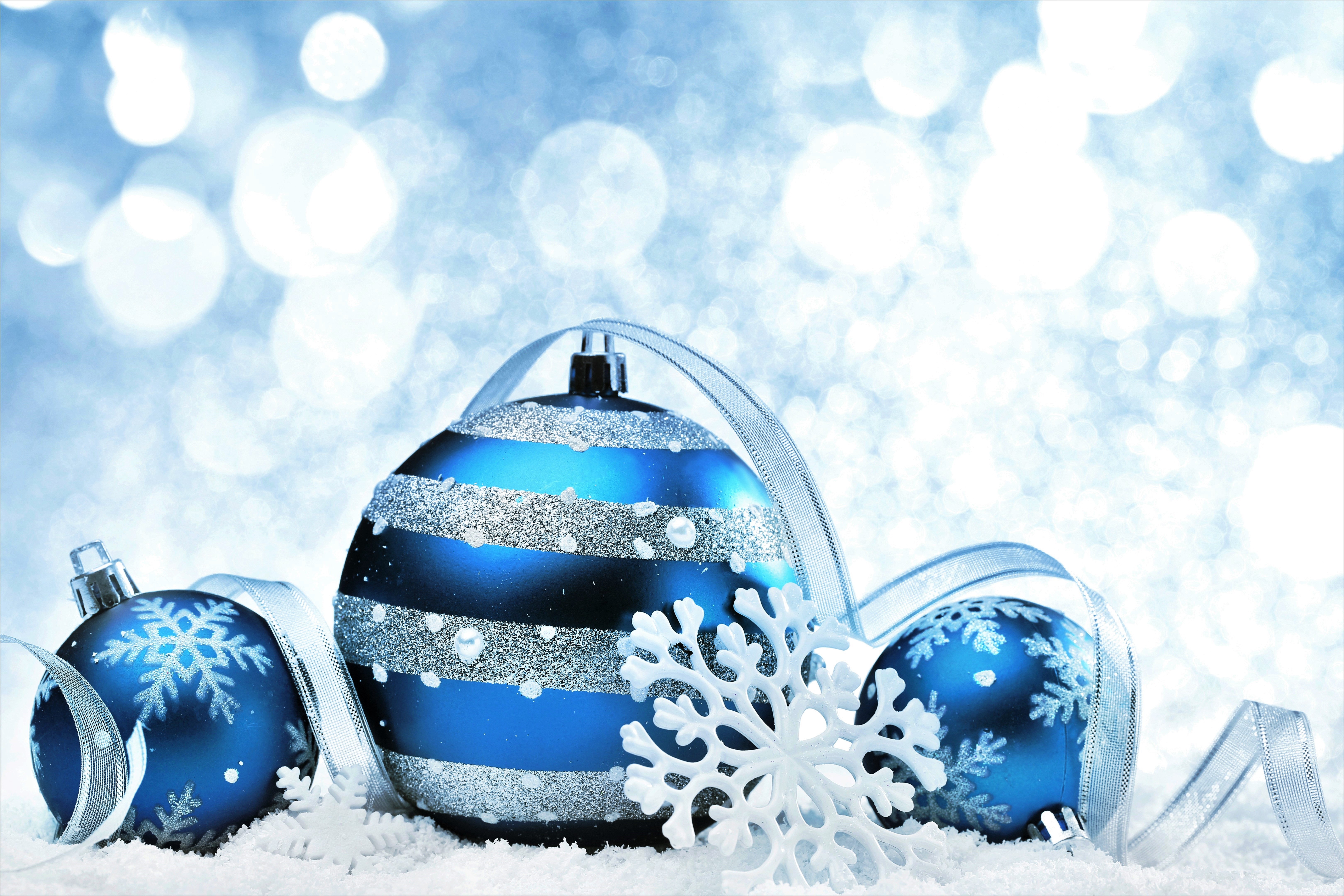 Blue Christmas Christmas Ornaments Ribbon Silver Snowflake 6480x4320