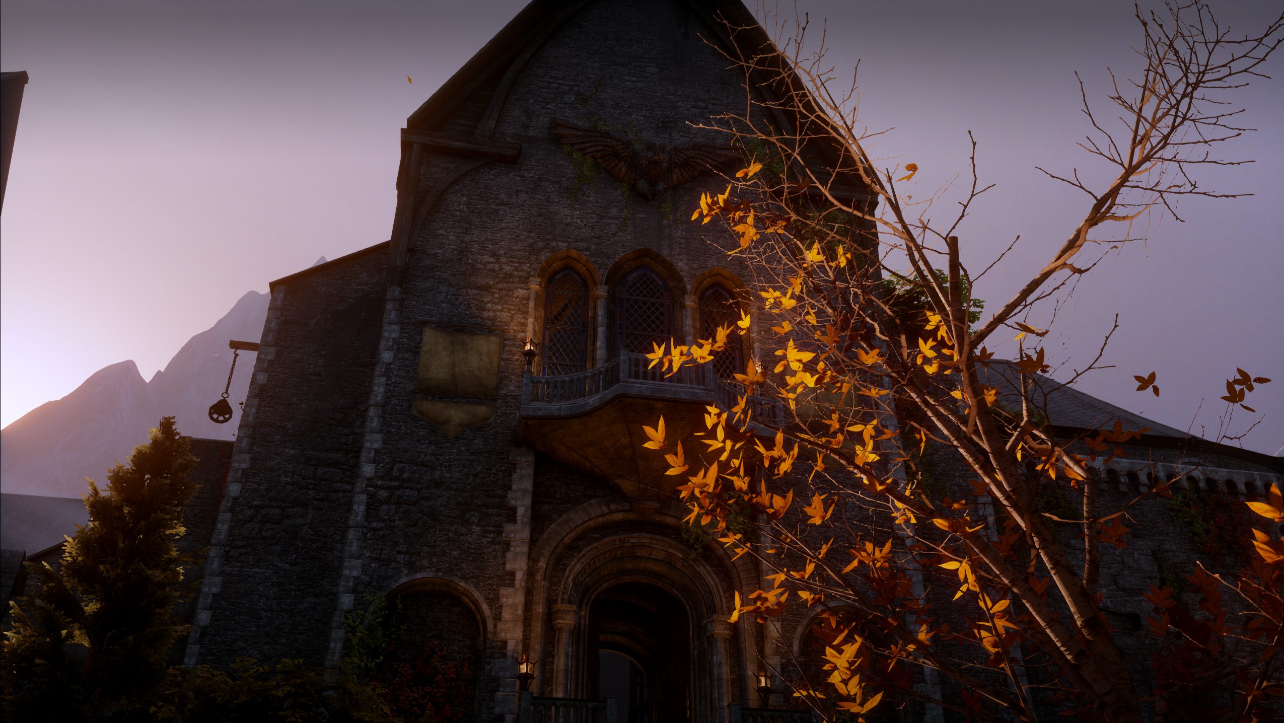 Dragon Age Inquisition Dragon Age Skyhold Fall Building Leaves Trees Orange Red 2550x1436