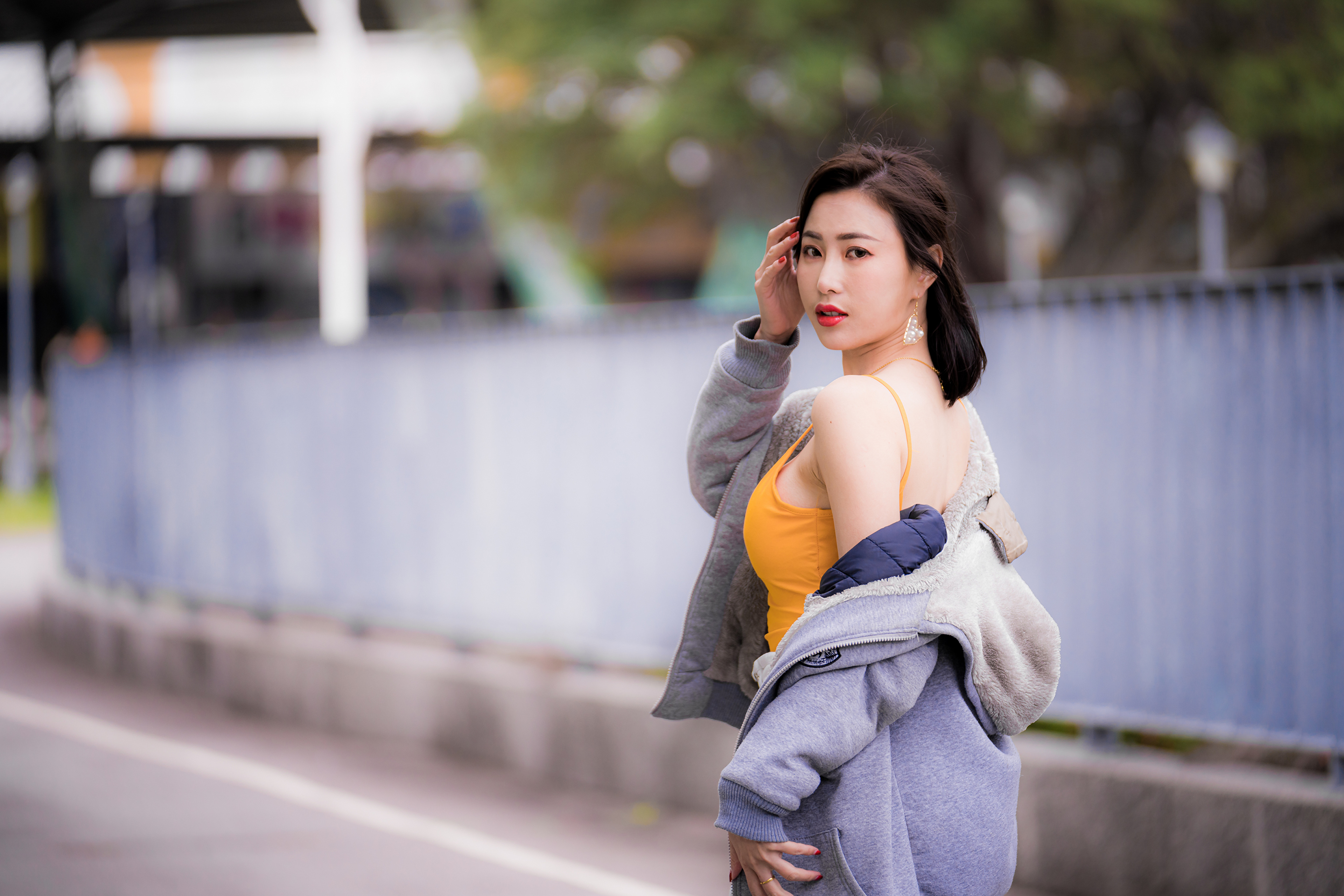 Asian Women Model Long Hair Brunette Orange Tops Jacket Railing Depth Of Field Earring Red Lipstick 3840x2559