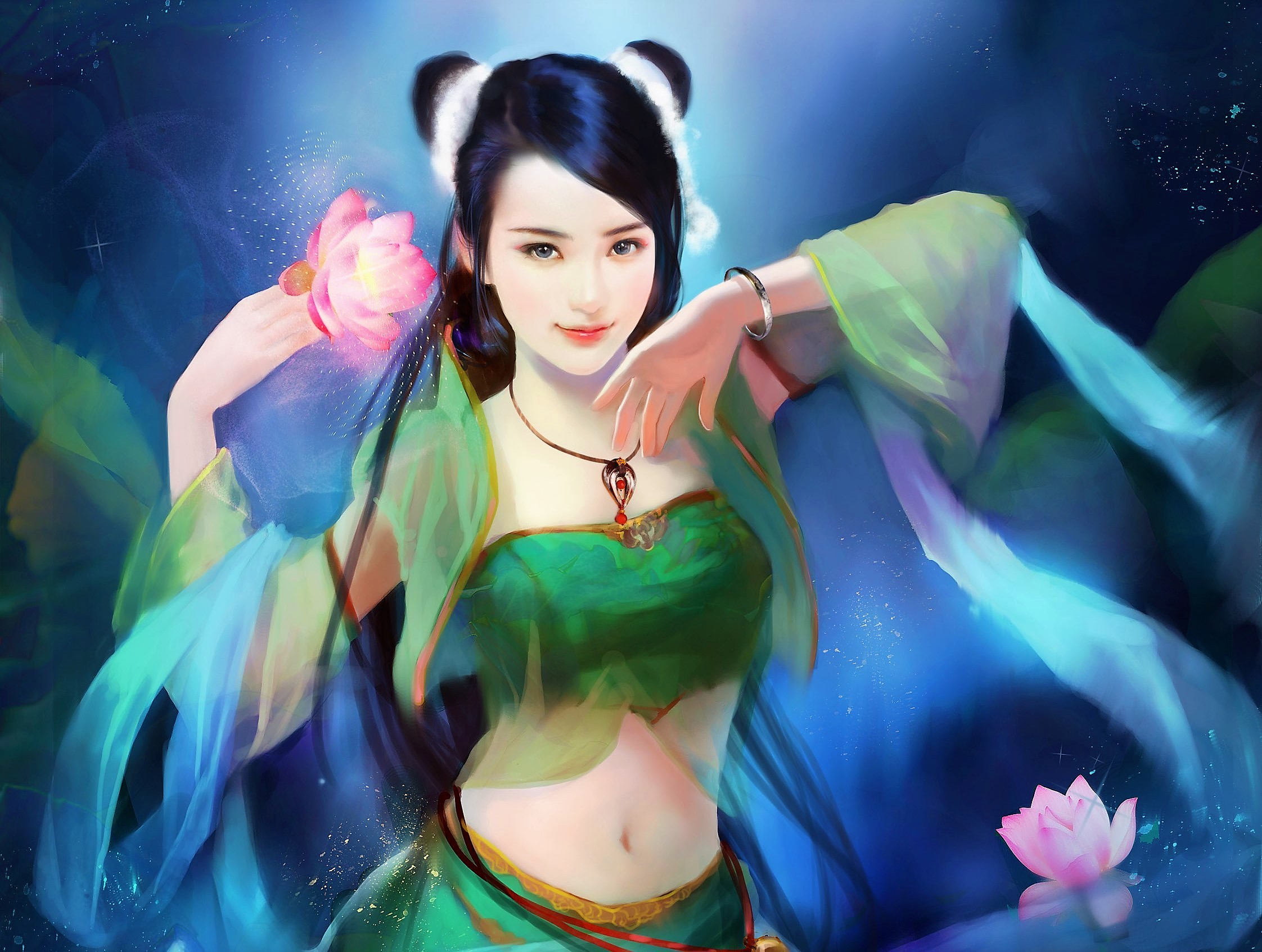 Black Hair Fantasy Girl Lotus Oriental Woman 2244x1694