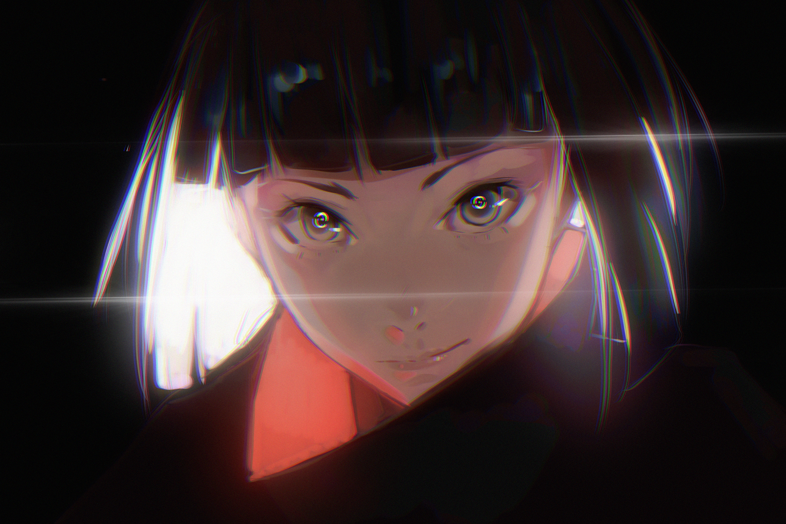 Anime Anime Girls Dark Hair Dark Background Looking At Viewer Dark Eyes Light Effects KuroiEnpitsu 2500x1667