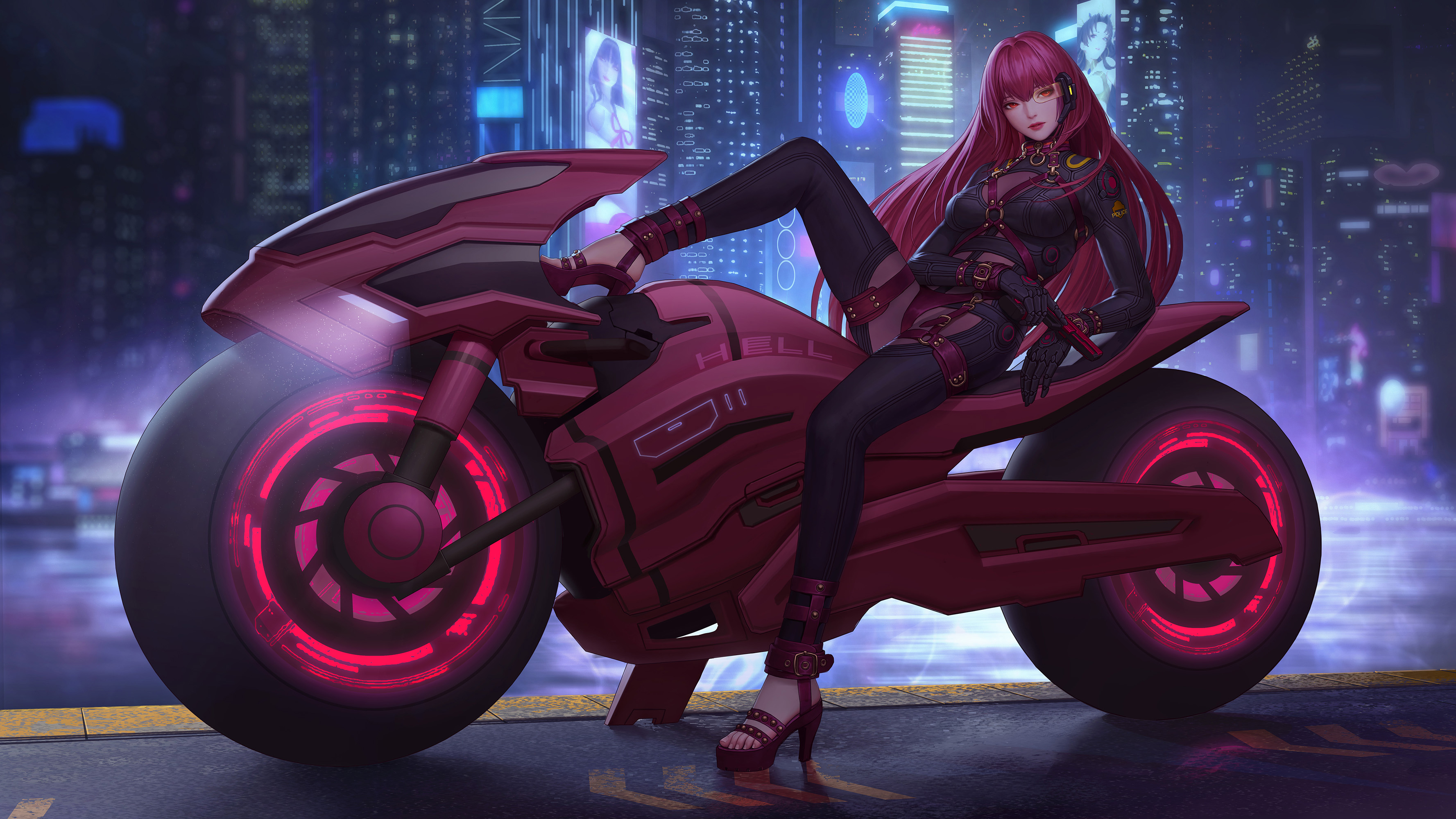 Anime Girls Motorcycle Fate Grand Order City Night Gun Beast Road Redhead Futuristic Chaos 3555x2000