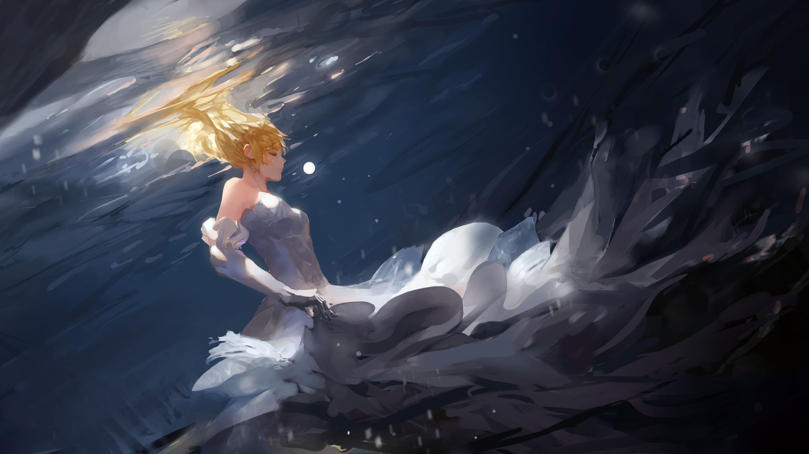 Anime Girls Anime Fantasy Art Fantasy Girl Blonde Closed Eyes Dress Underwater Fate Series Saber Lil 2697x1514