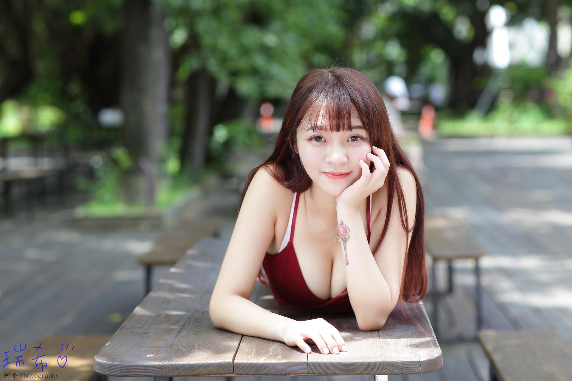 Asian Model Women Dark Hair Long Hair Depth Of Field Lying Down Tattoo Red Tops Table Bench Looking  1920x1280