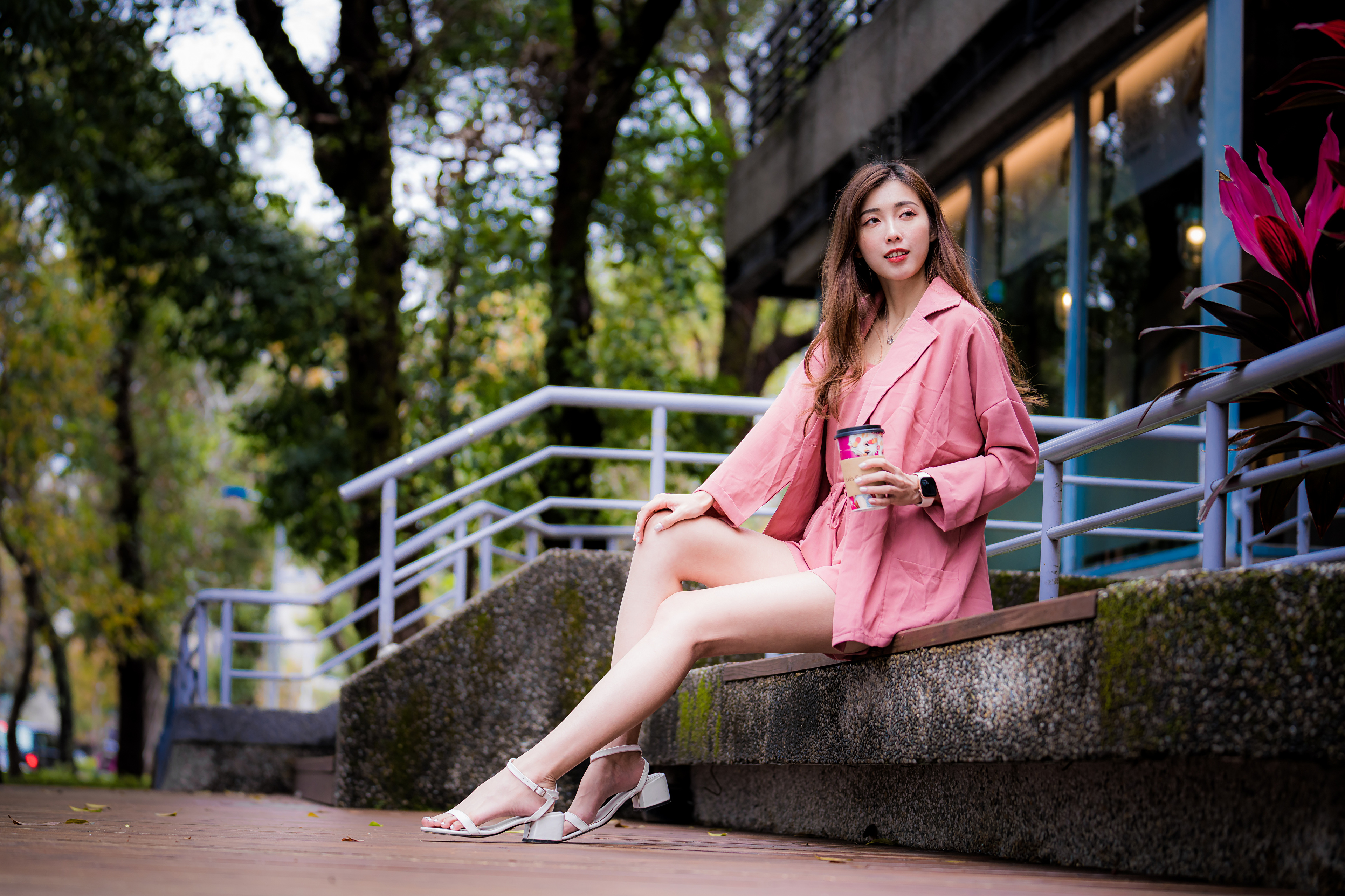 Asian Model Women Long Hair Brunette Sitting Pink Dress Pink Jacket Wristwatch Coffee Cup Barefoot S 3840x2559