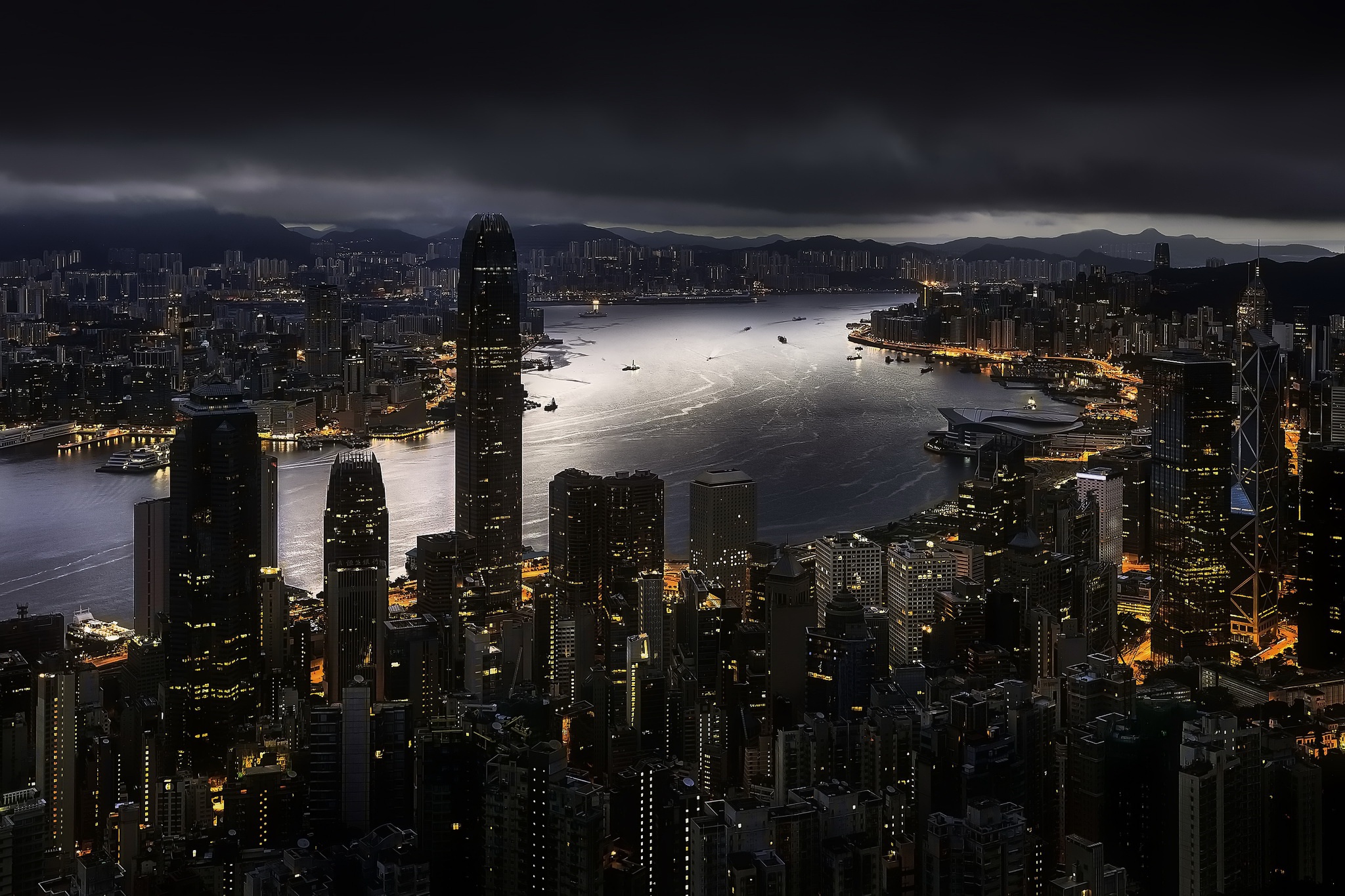 Building China City Cityscape Hong Kong Night River Skyscraper 2048x1365