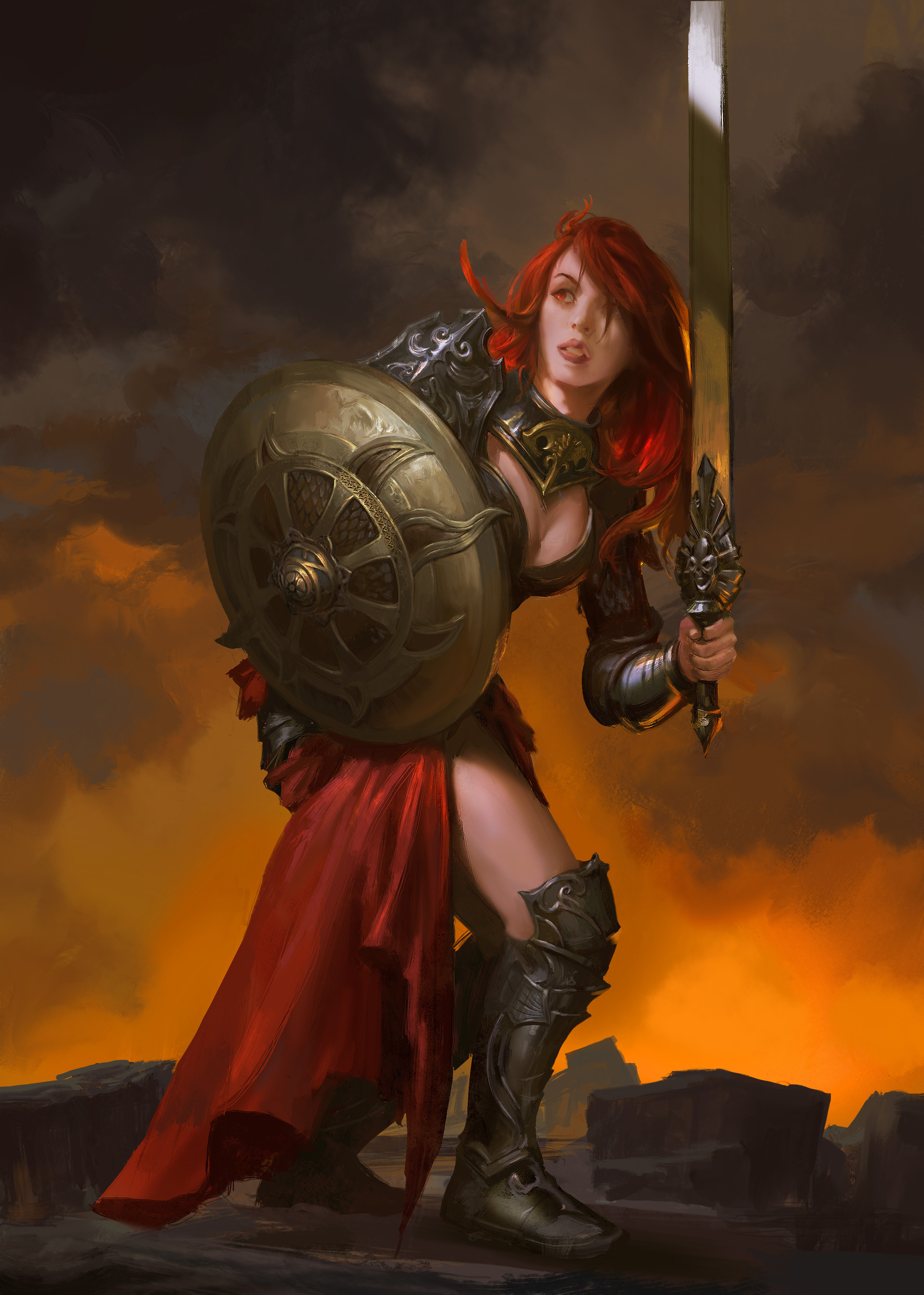 Women Fantasy Girl Fantasy Art ArtStation Artwork Redhead Girls With Swords Shield Weapon 1920x2688