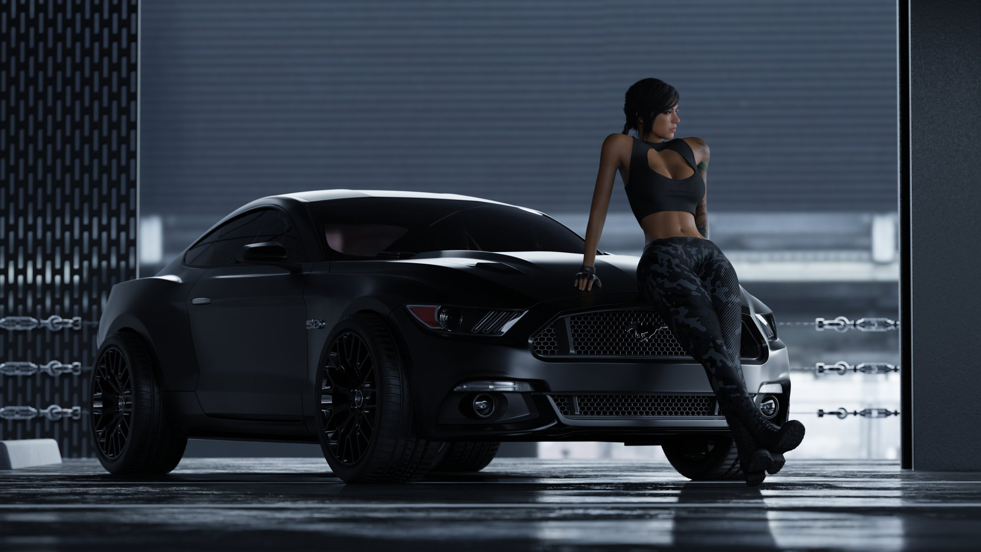 Mara Valkyrie Call Of Duty Mustang Car Garage Brunette Black Cars Tattoo Top Sweatpants Boots Black  1920x1080