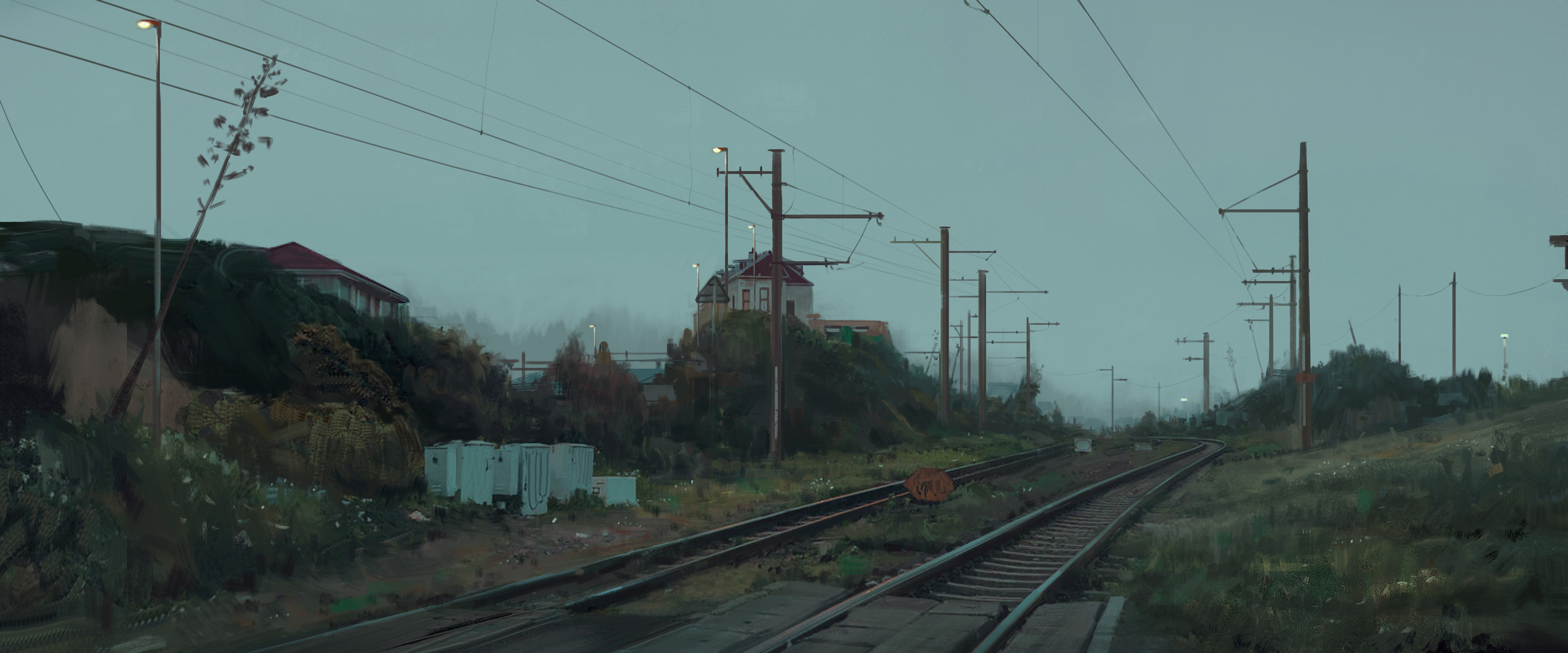 Jonny Sun Digital Art Railway Powerlines Utility Pole House 3840x1600