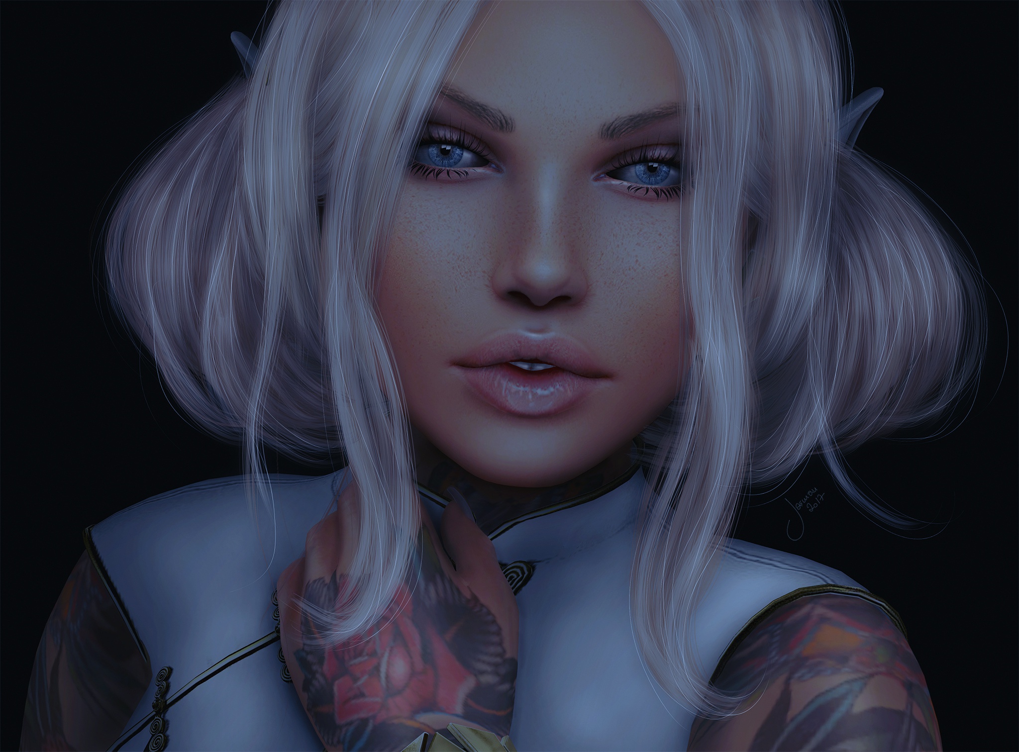 Blue Eyes Elf Face Girl Pointed Ears Tattoo White Hair Woman 2048x1512
