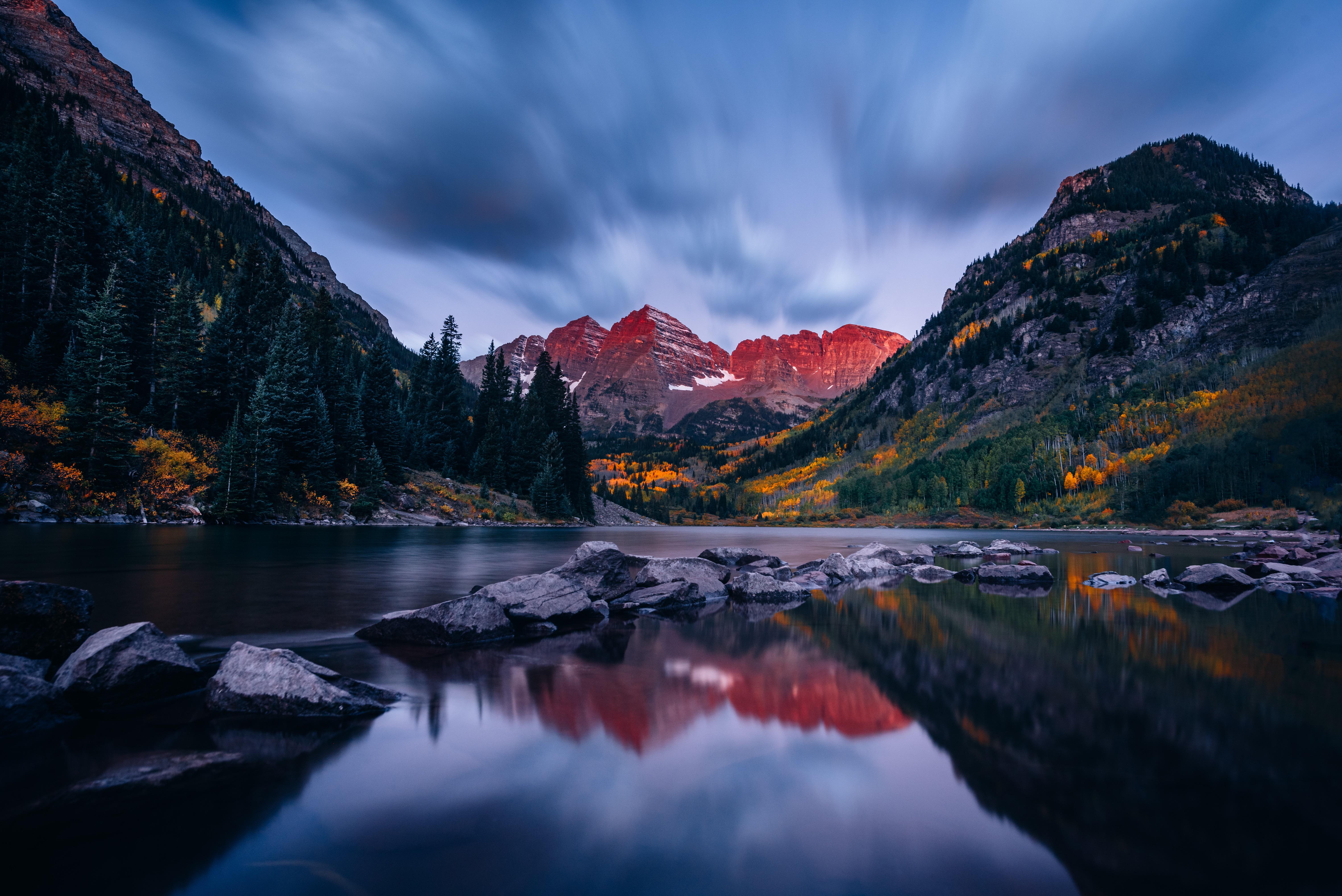 Landscape Mountains Lake Sky Sunset Nature Pine Trees Reflection Long Exposure Maroon Bells 6016x4016