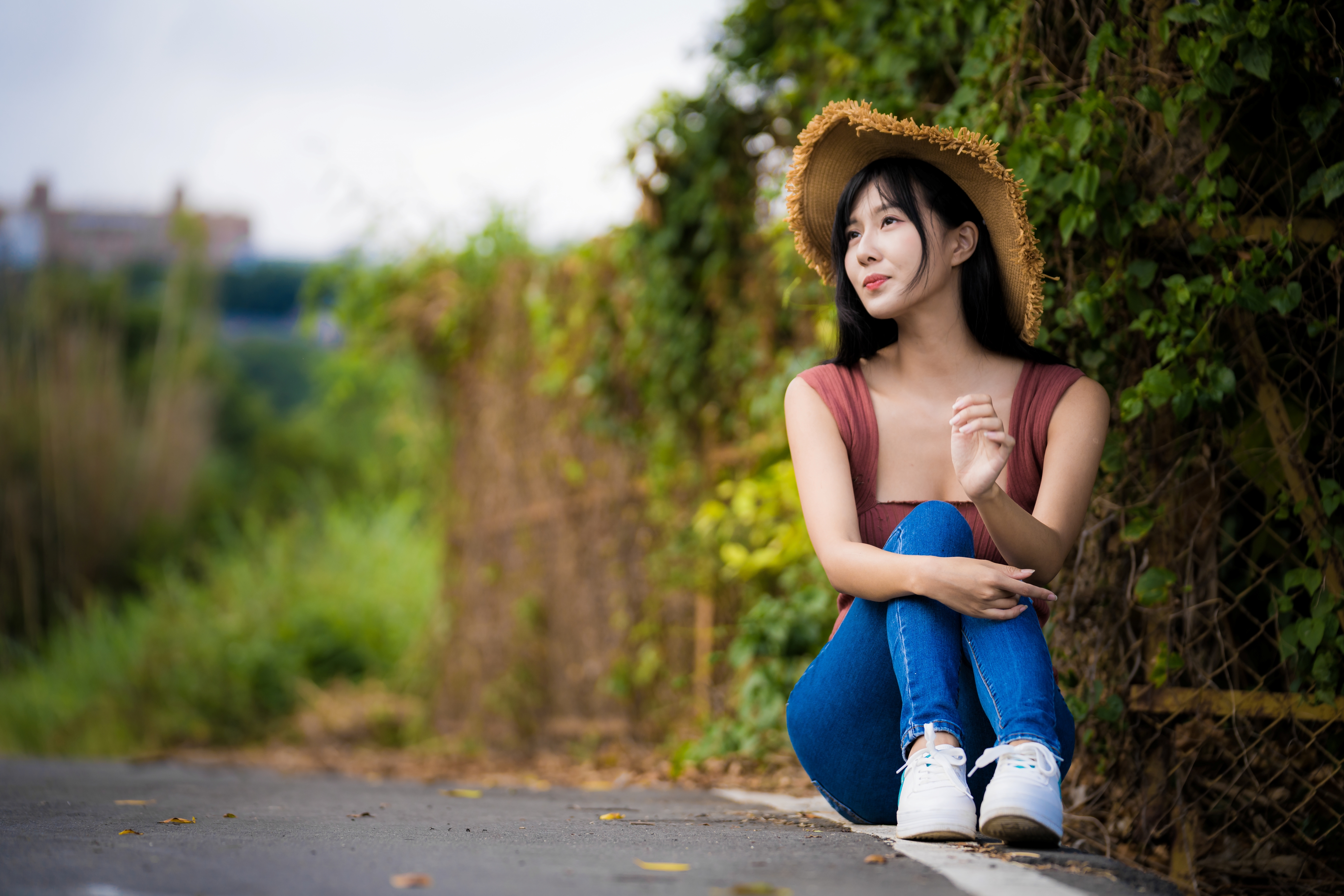 Women Model Asian Brunette Women With Hats Looking Up Smiling Brown Tops Jeans Sneakers Sitting Plan 4500x3000